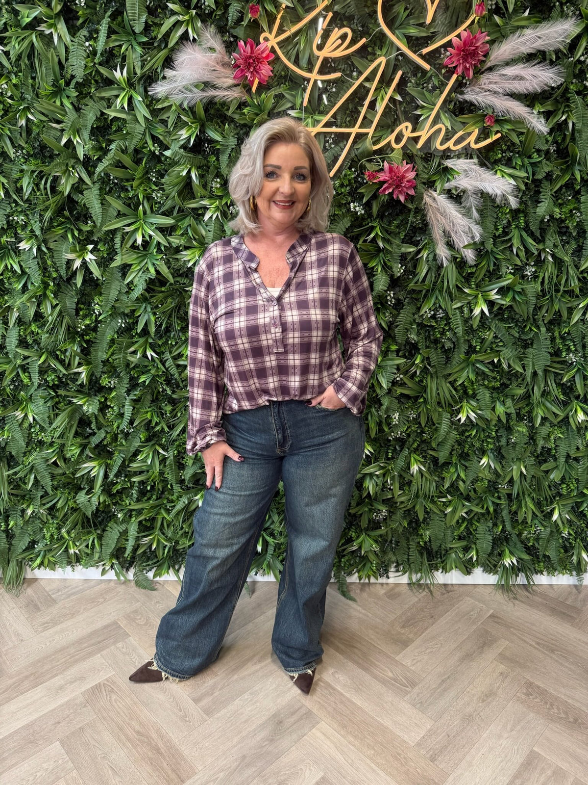 Top v-hals ruiten aubergine
