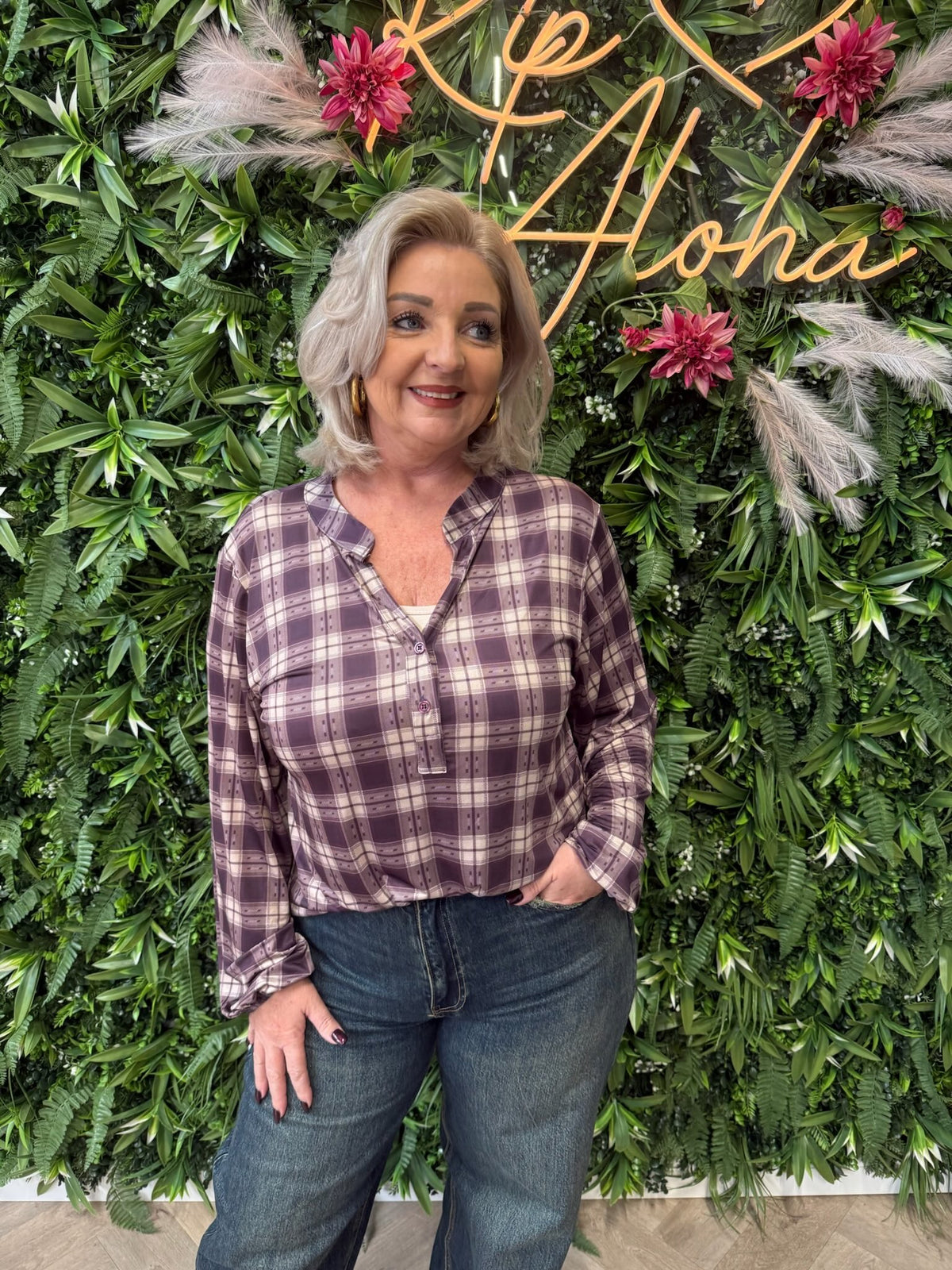 Top v-hals ruiten aubergine