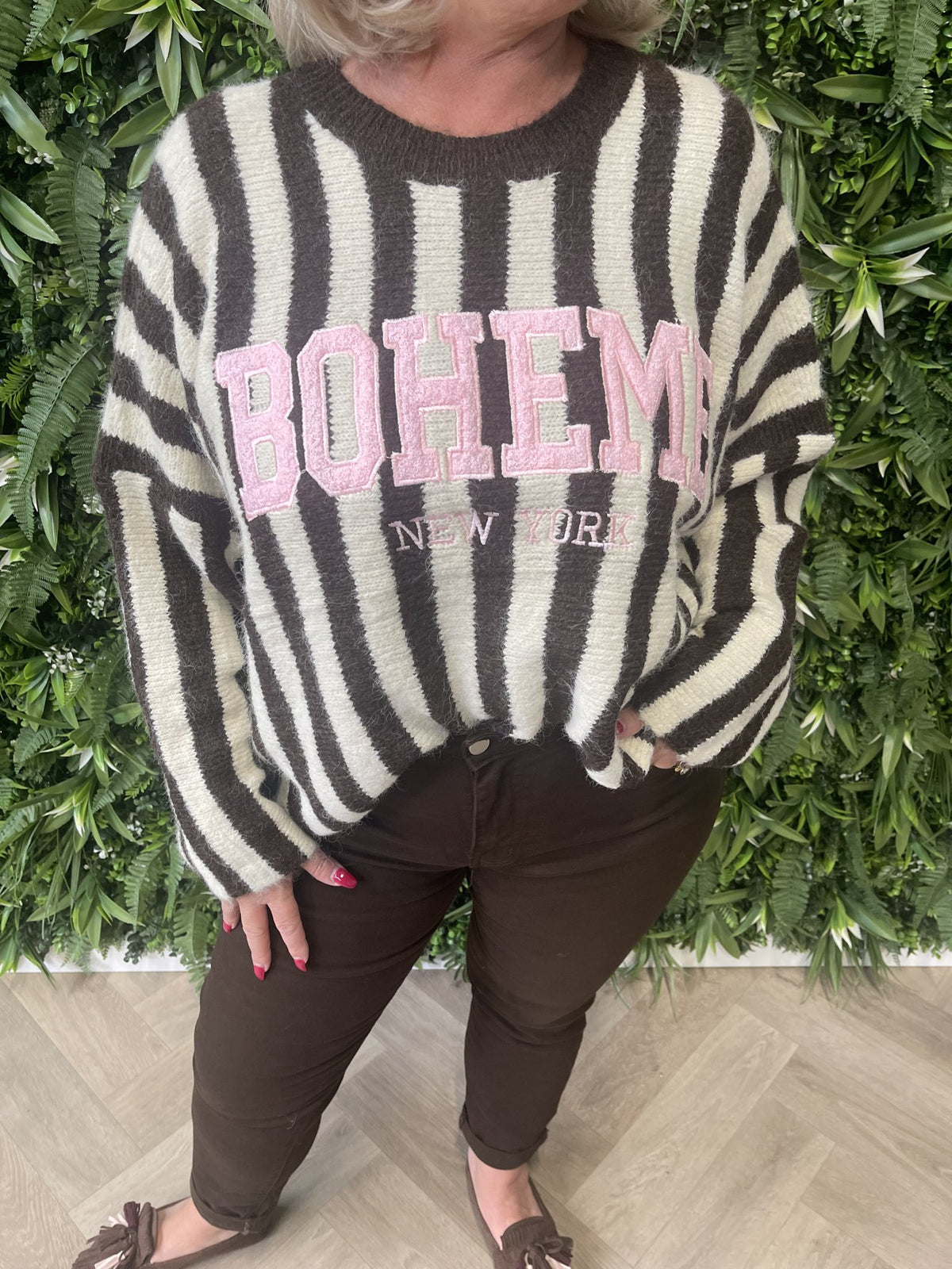 Gebreide sweater strepen Boheme bruin/creme