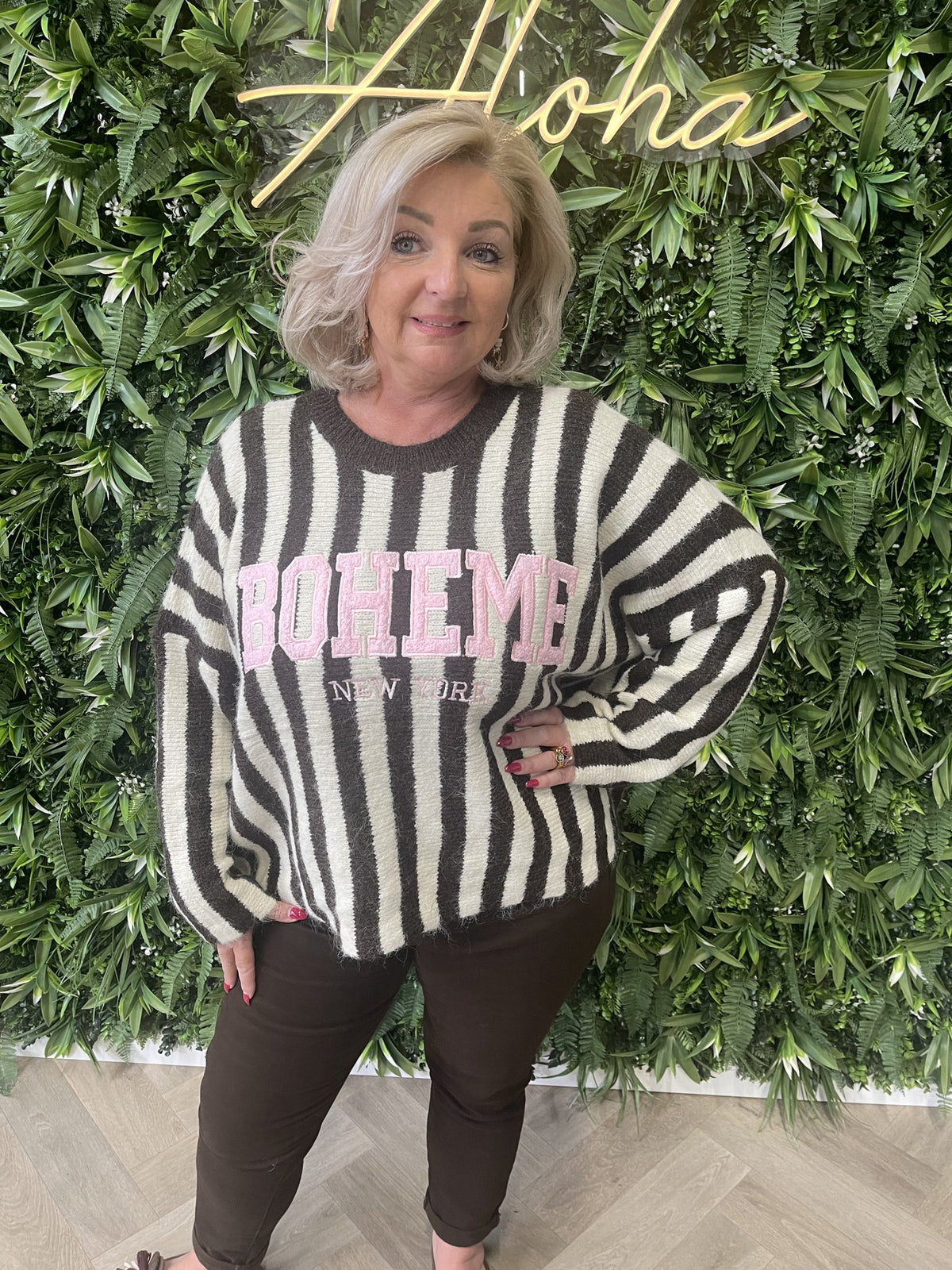 Gebreide sweater strepen Boheme bruin/creme