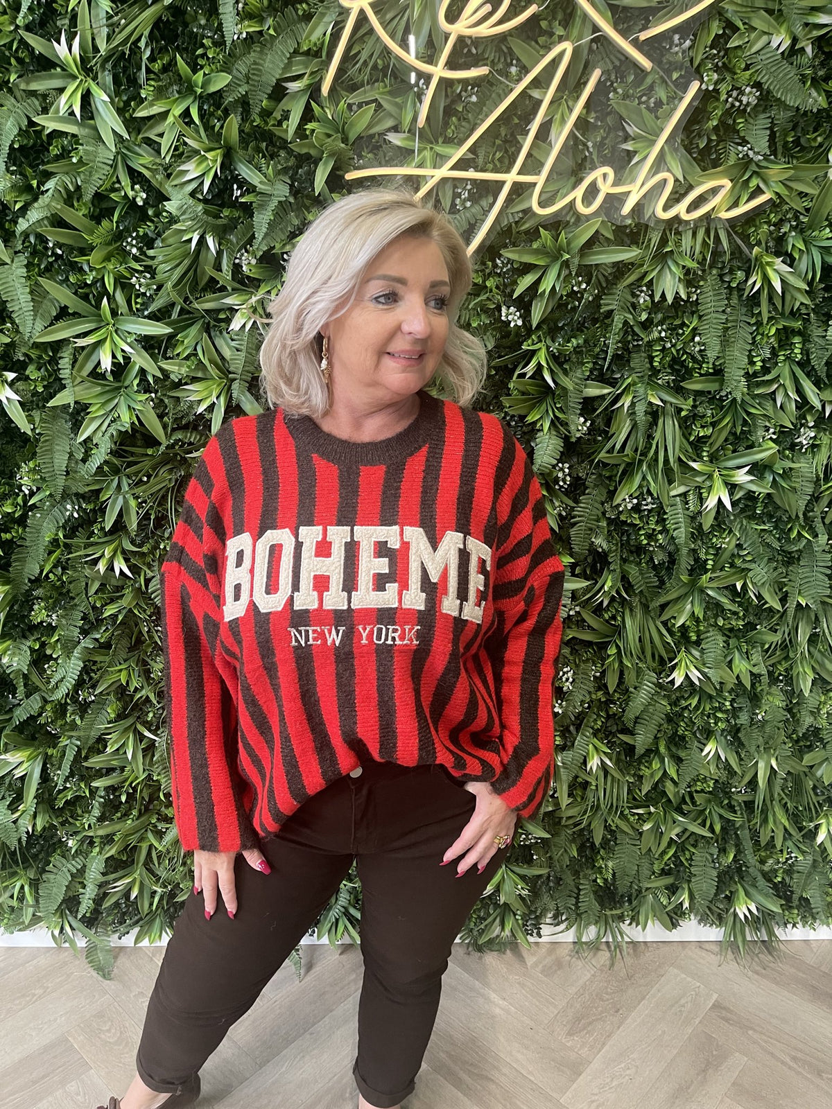Gebreide sweater strepen Boheme rood/bruin