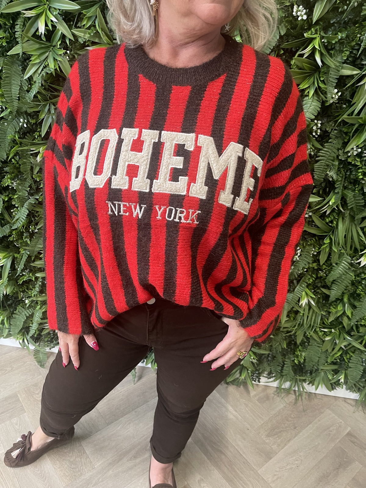 Gebreide sweater strepen Boheme rood/bruin