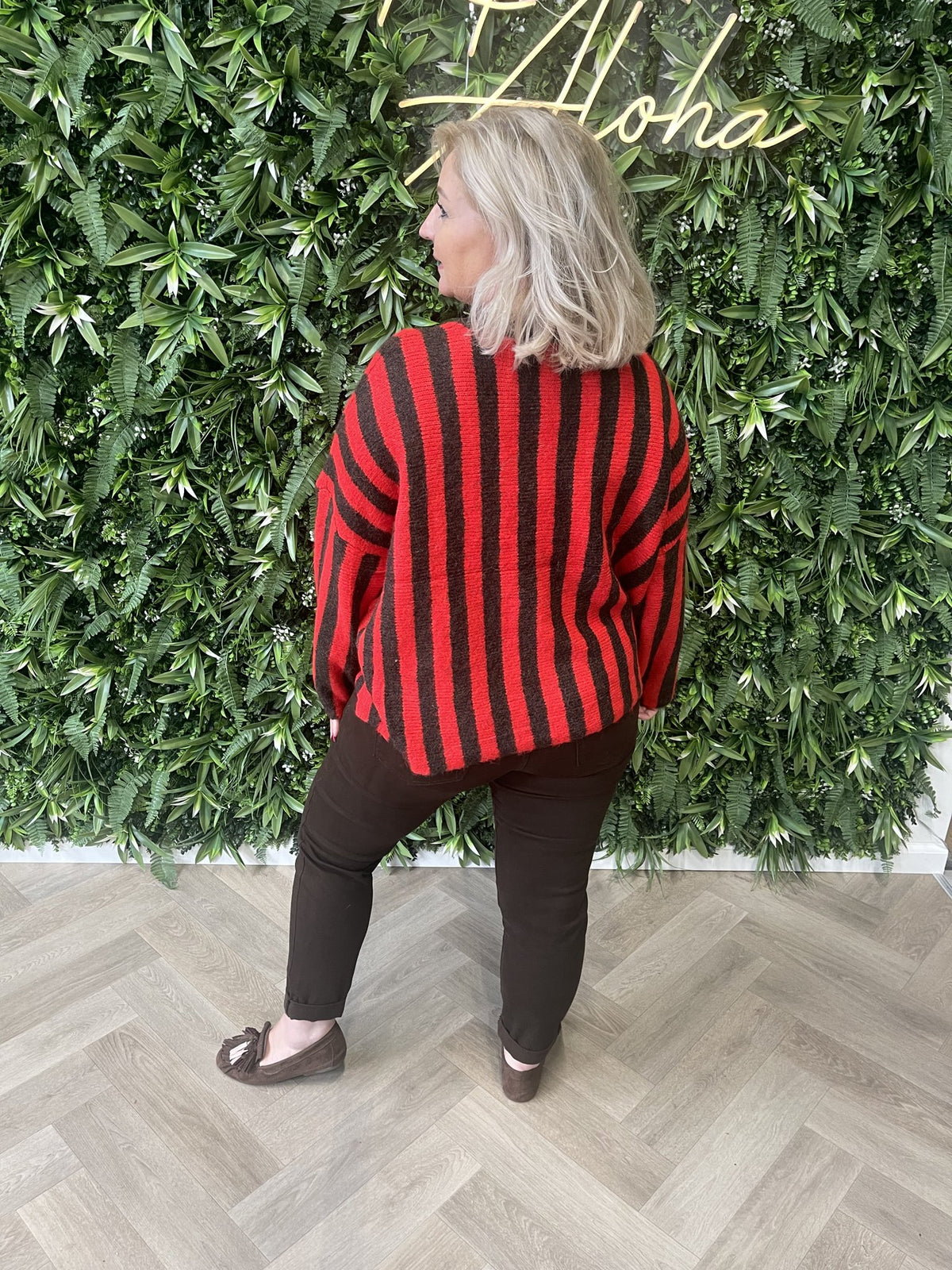 Gebreide sweater strepen Boheme rood/bruin
