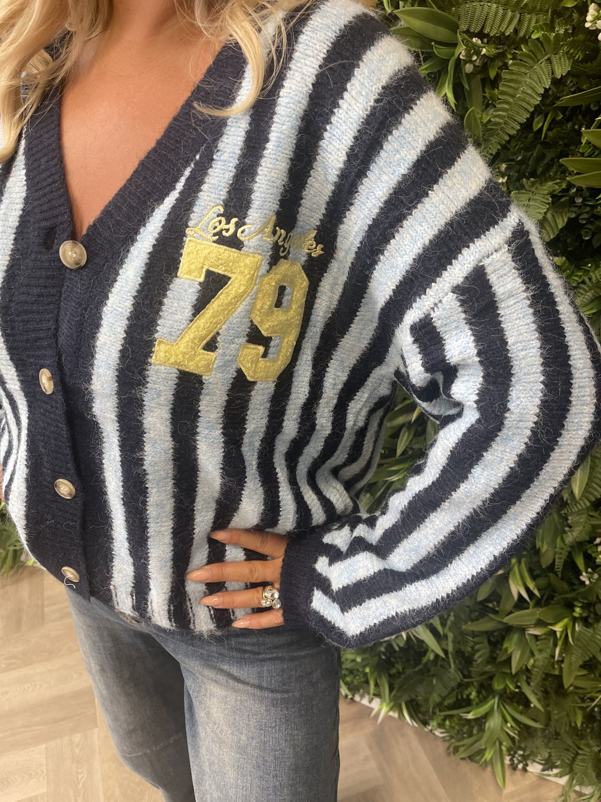 Gebreid vest strepen Los Angeles marineblauw/lichtblauw