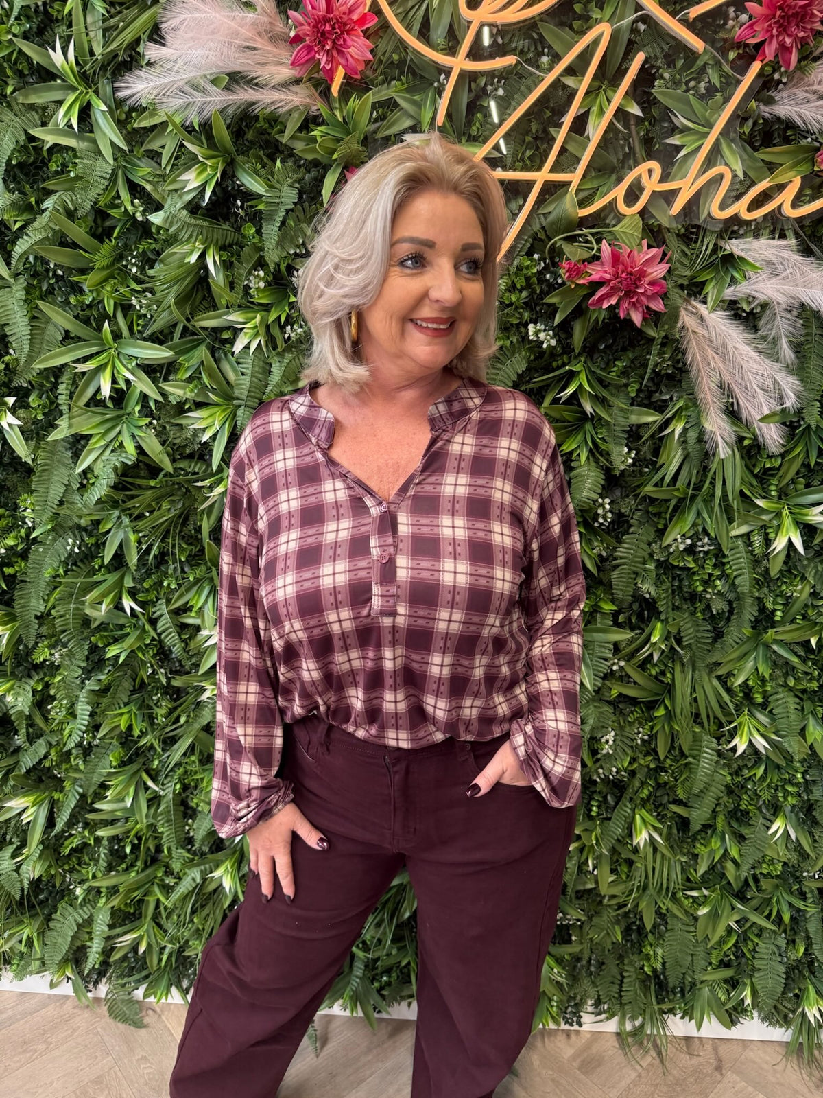 Top v-hals ruiten bordeaux