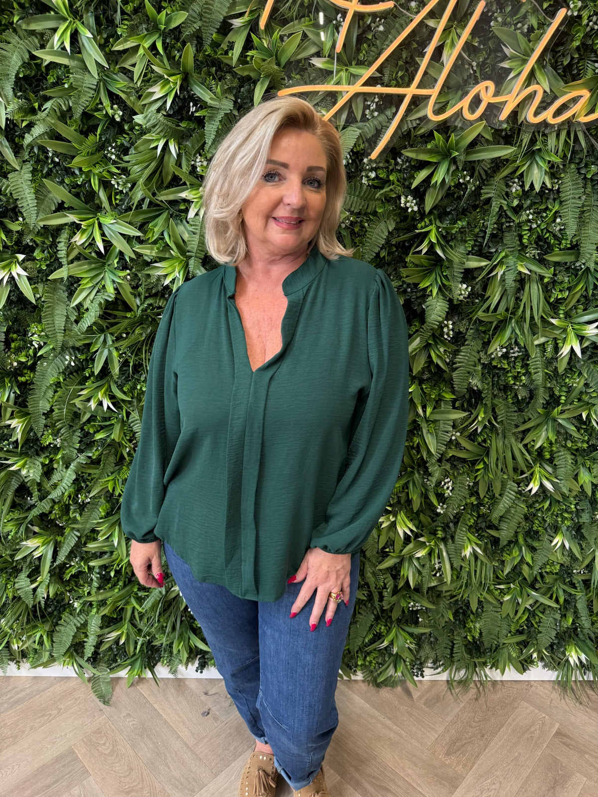 Blouse roezel met pofmouwen flessengroen