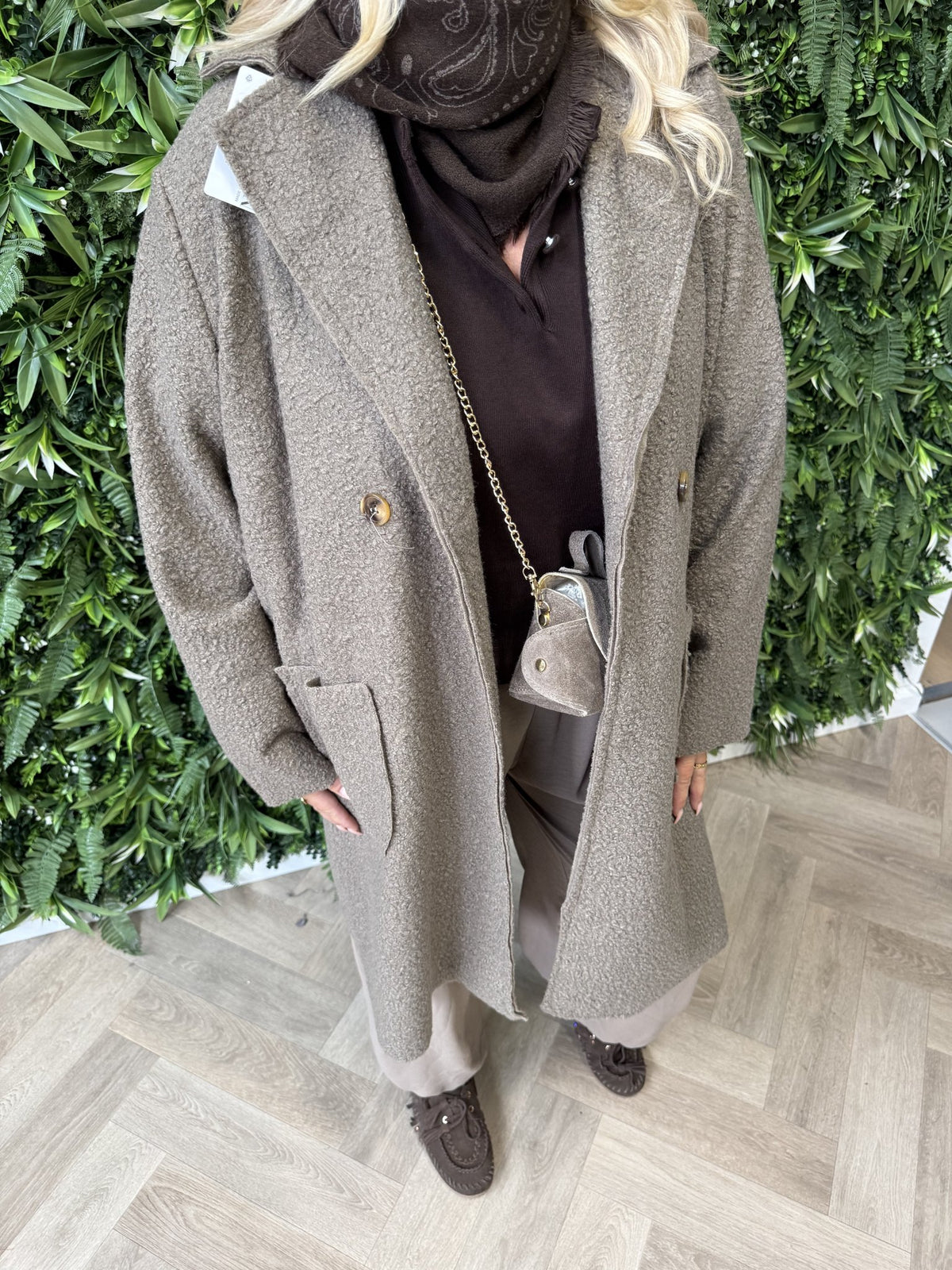 Lange manteljas teddy taupe