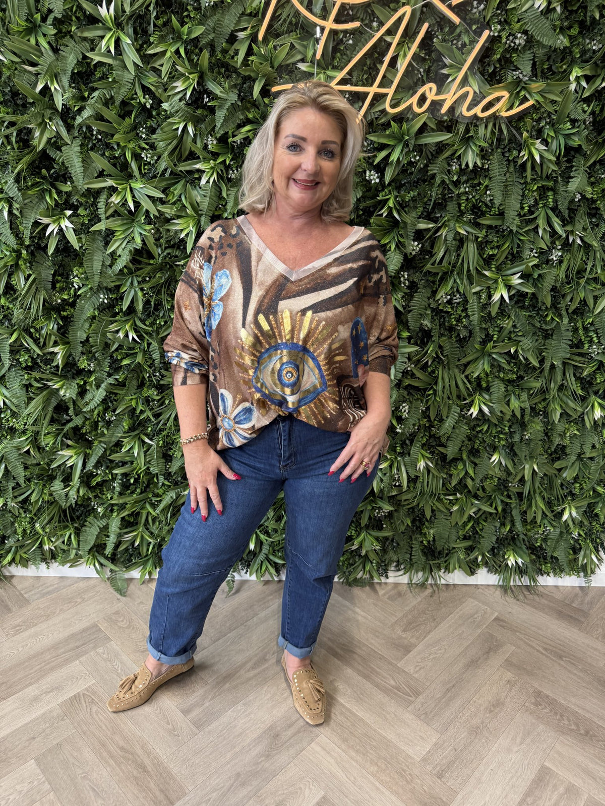 Shirt tropical print lange mouwen bruin/blauw