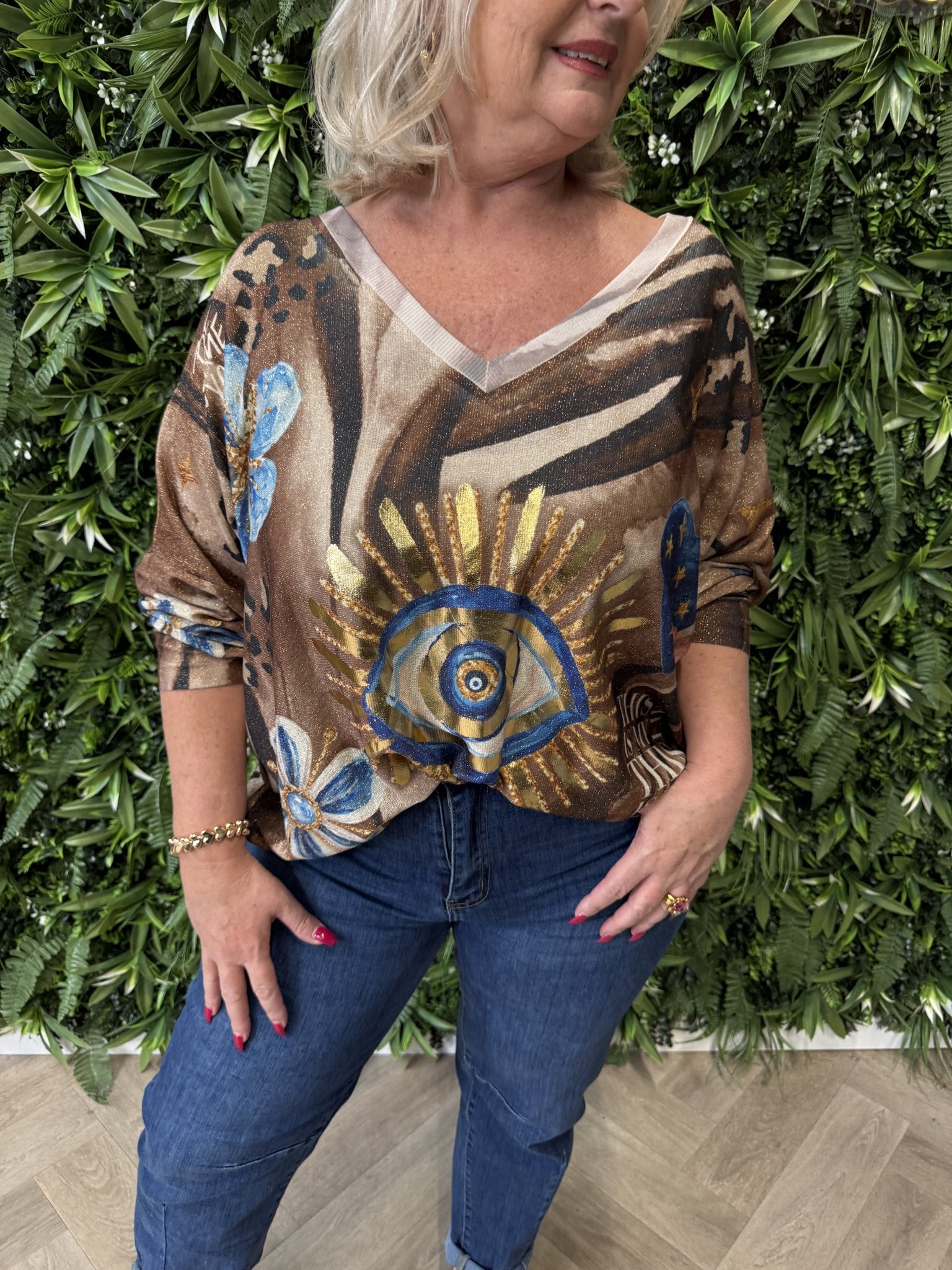 Shirt tropical print lange mouwen bruin/blauw