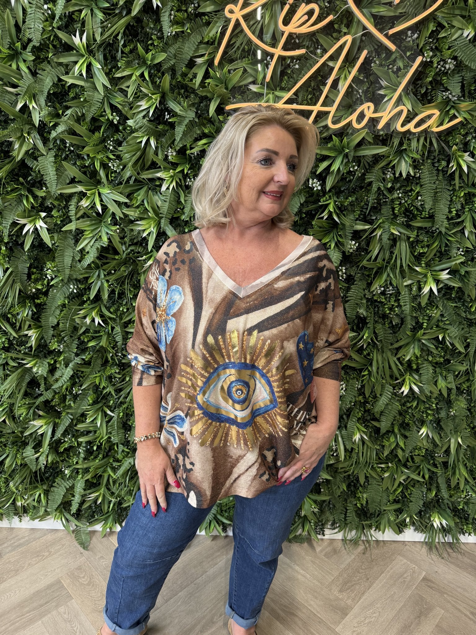 Shirt tropical print lange mouwen bruin/blauw
