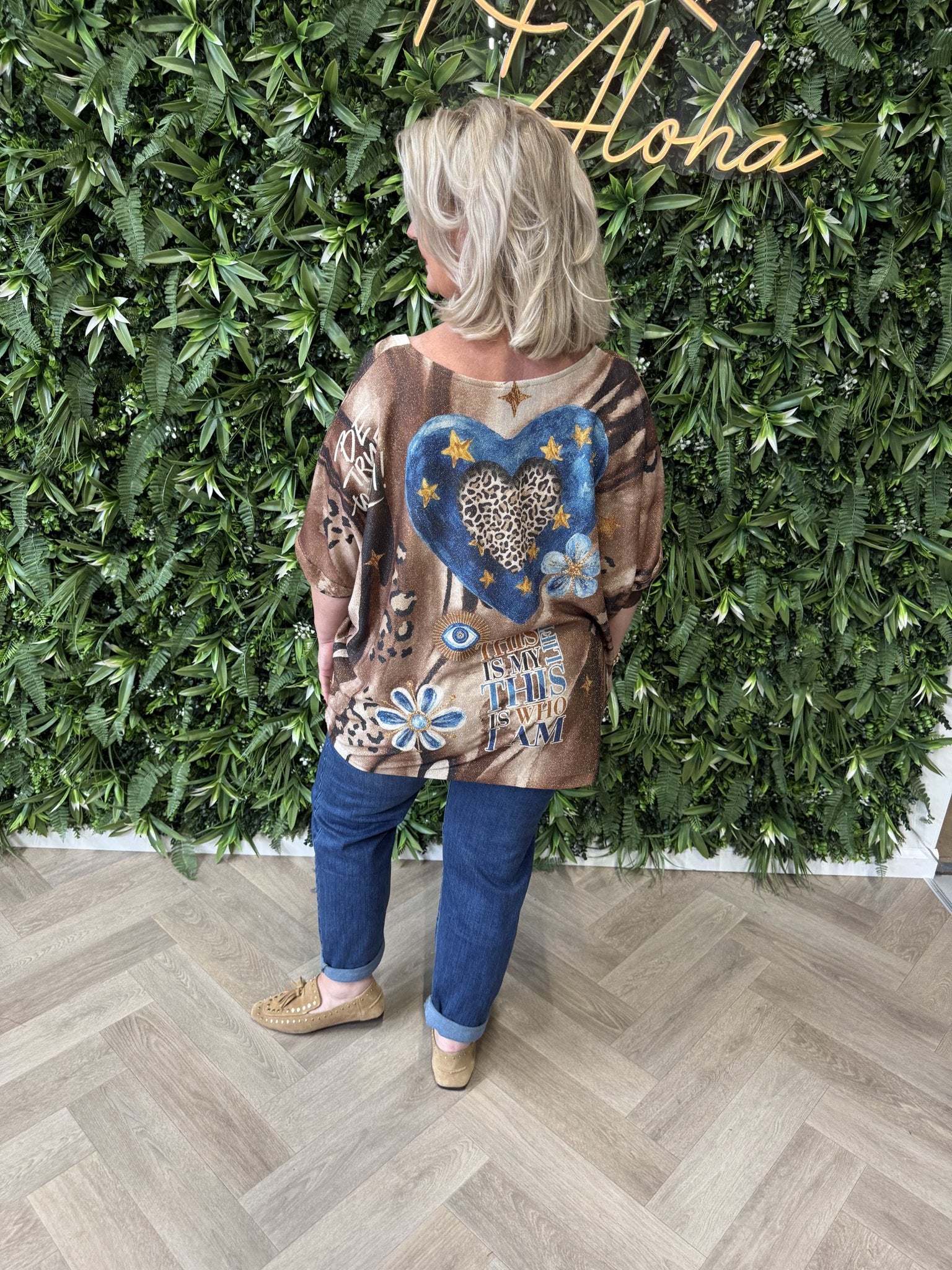 Shirt tropical print lange mouwen bruin/blauw
