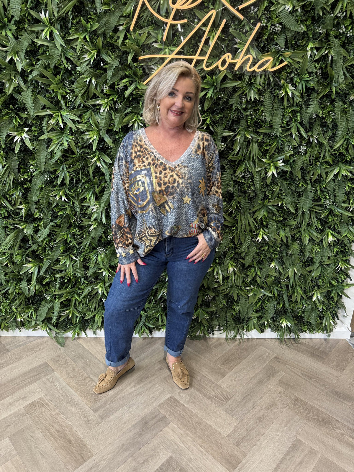 Shirt tropical print lange mouwen jeansblauw