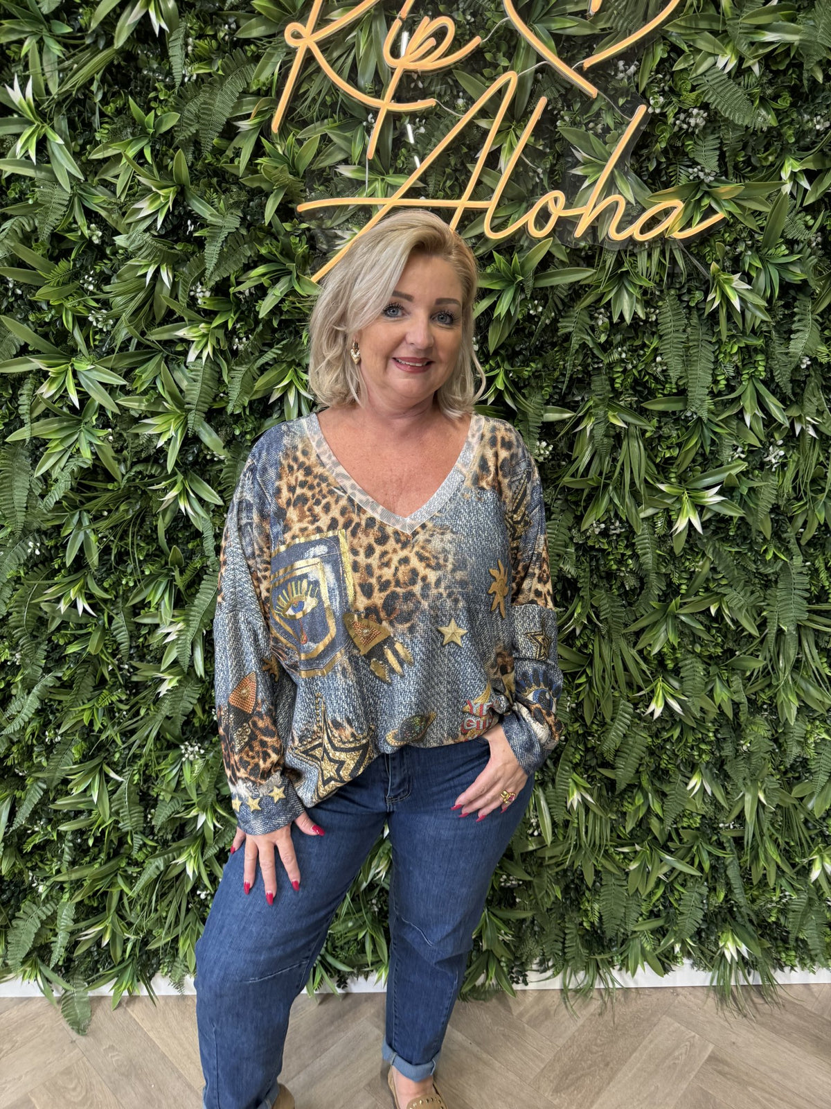 Shirt tropical print lange mouwen jeansblauw