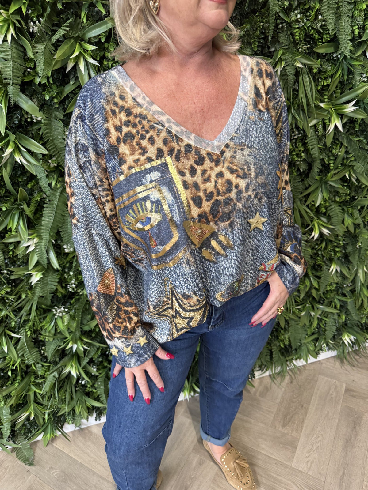 Shirt tropical print lange mouwen jeansblauw