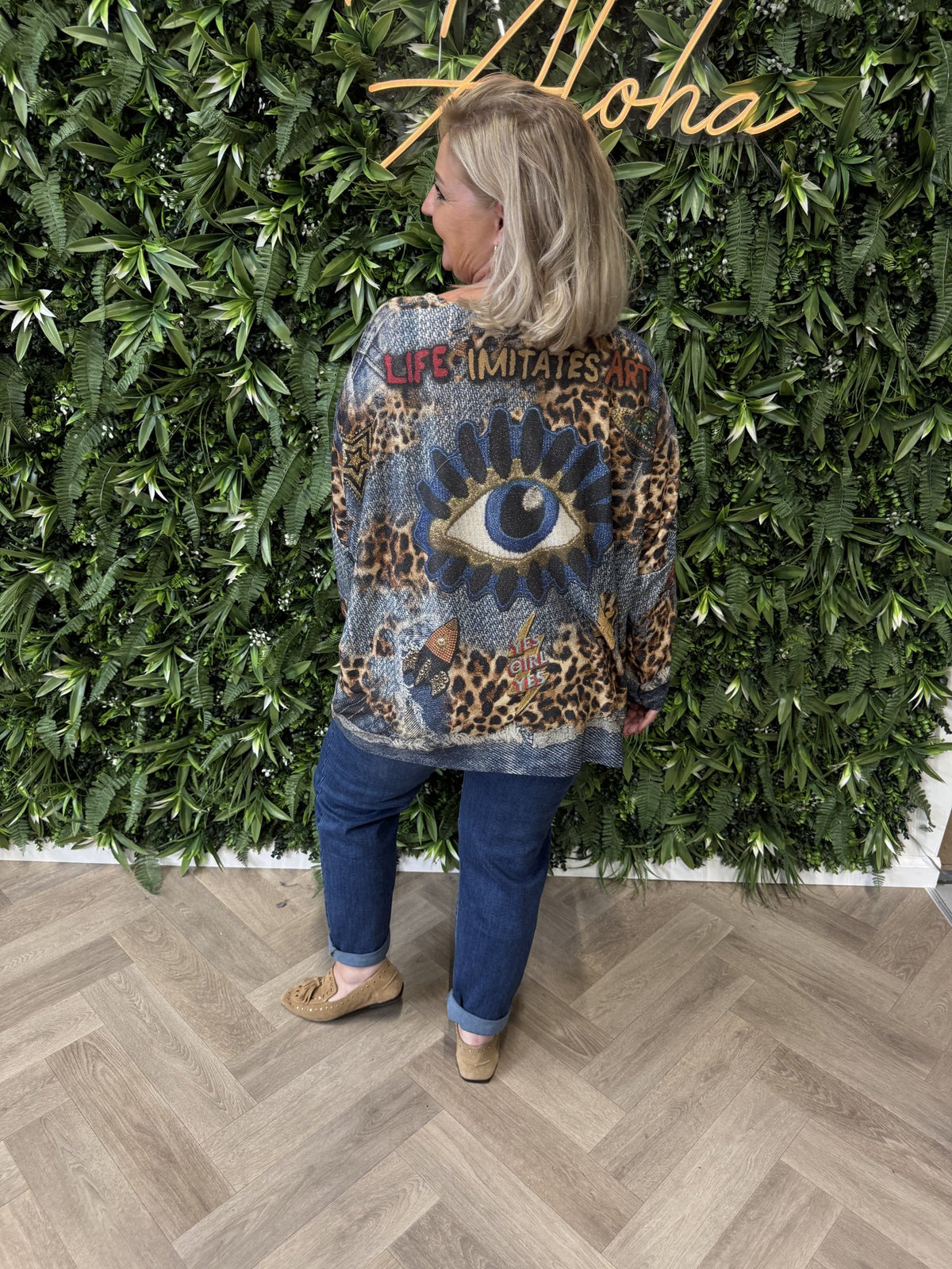 Shirt tropical print lange mouwen jeansblauw