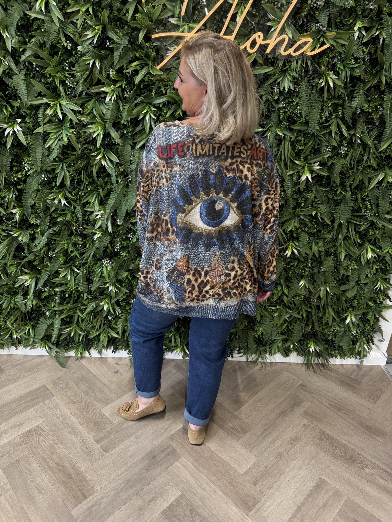 Shirt tropical print lange mouwen jeansblauw