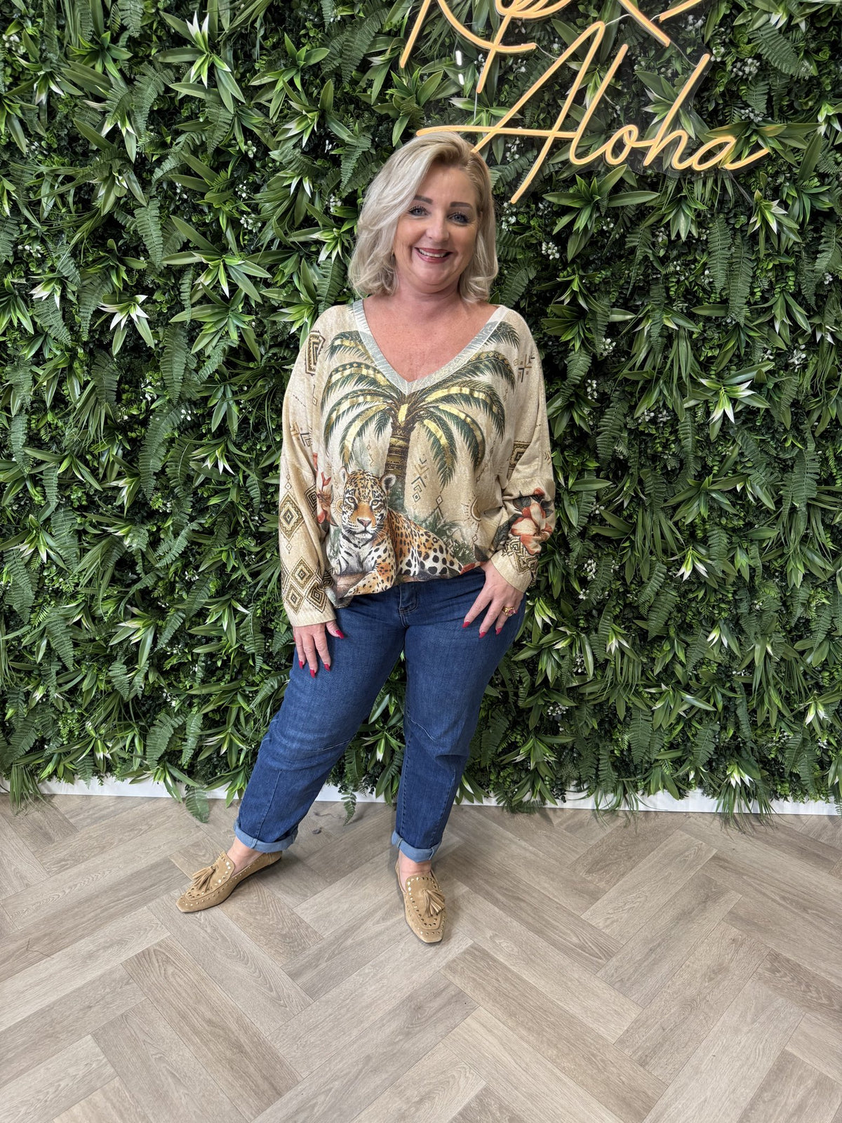 Shirt tropical print lange mouwen groen/goud