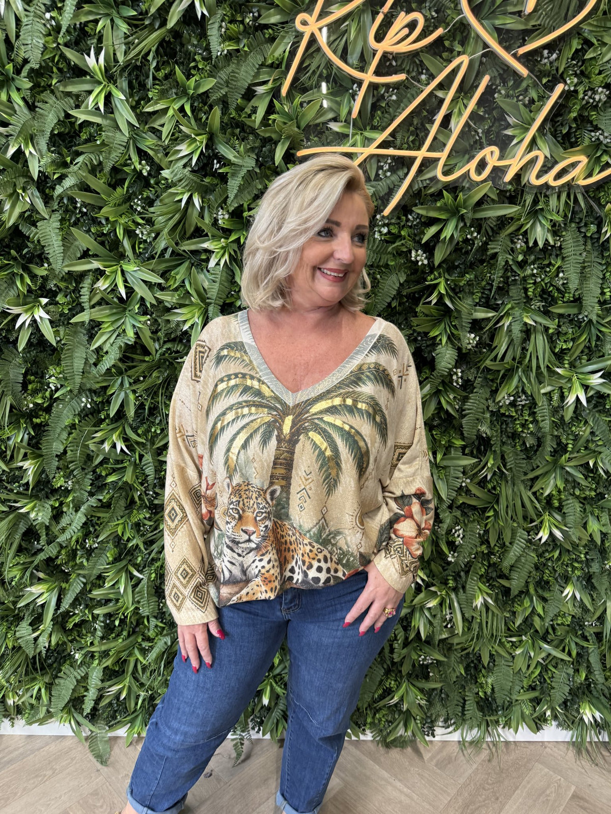 Shirt tropical print lange mouwen groen/goud
