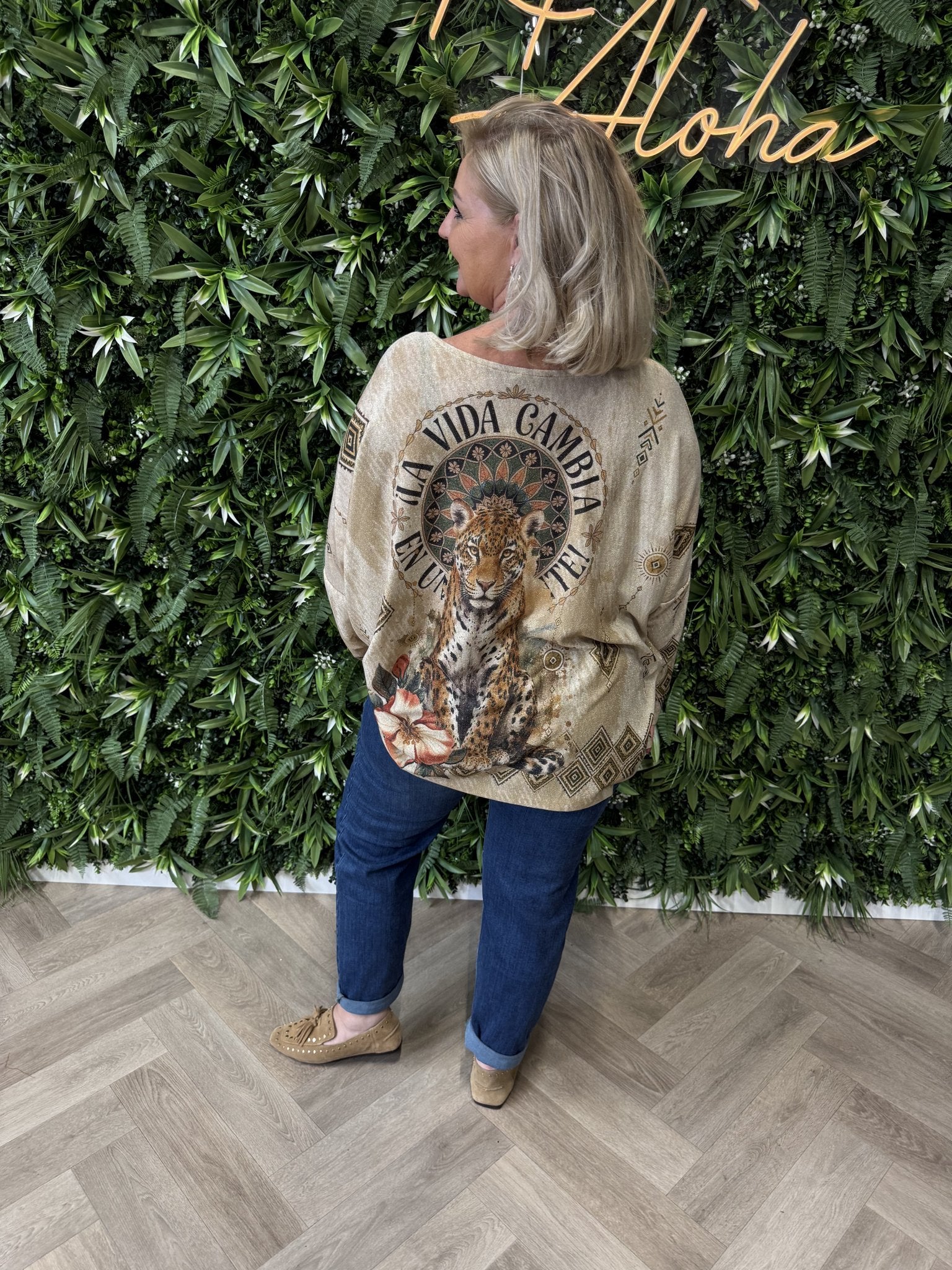 Shirt tropical print lange mouwen groen/goud