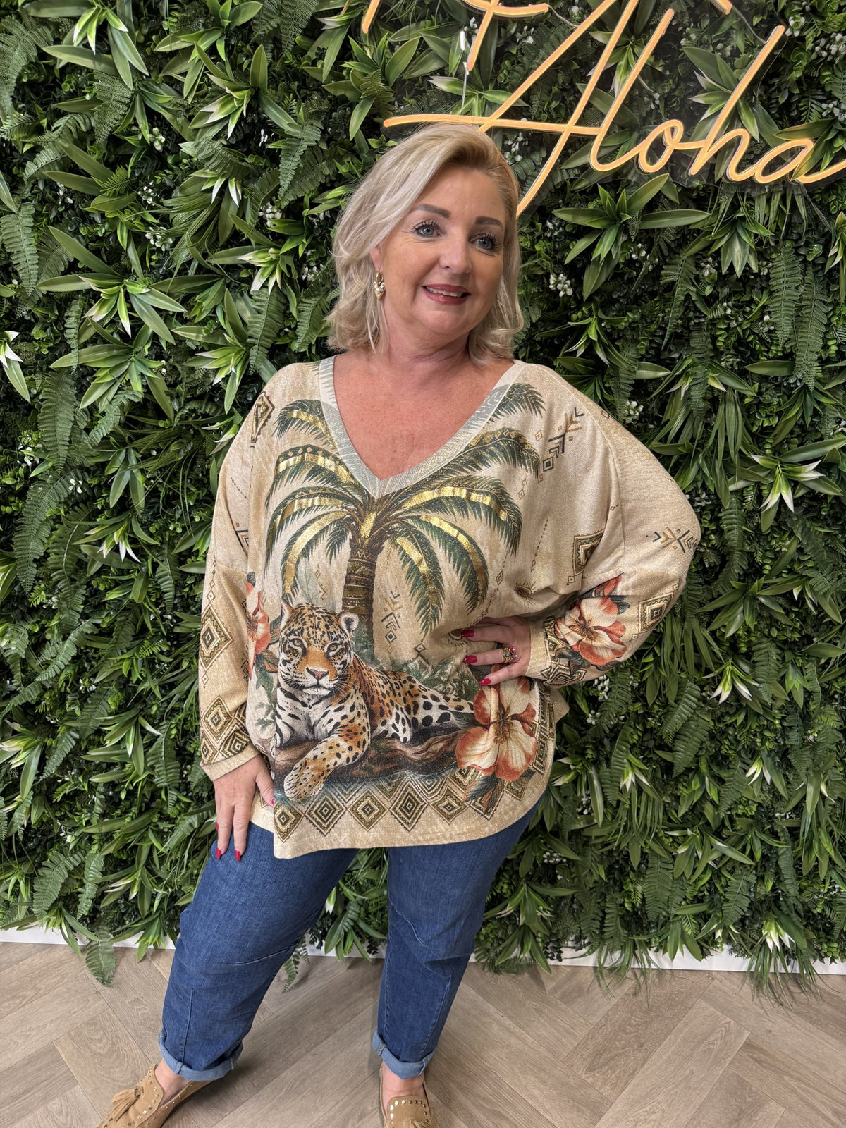 Shirt tropical print lange mouwen groen/goud