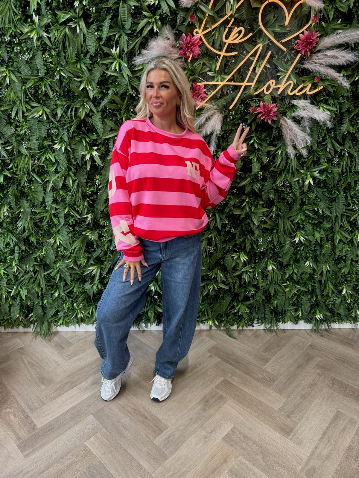 Sweater NewYork strepen roze