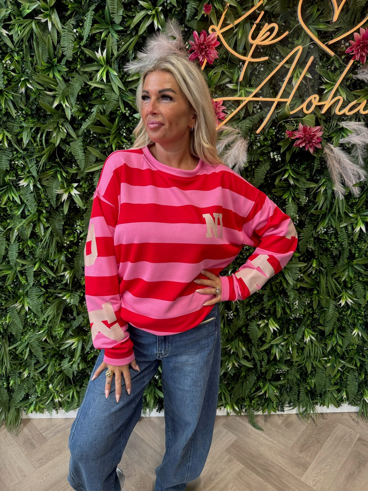 Sweater NewYork strepen roze