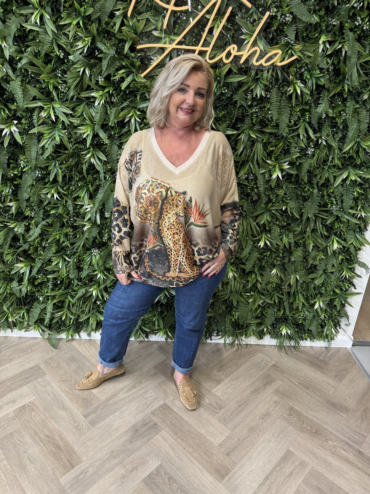 Shirt tropical print lange mouwen oranje/groen