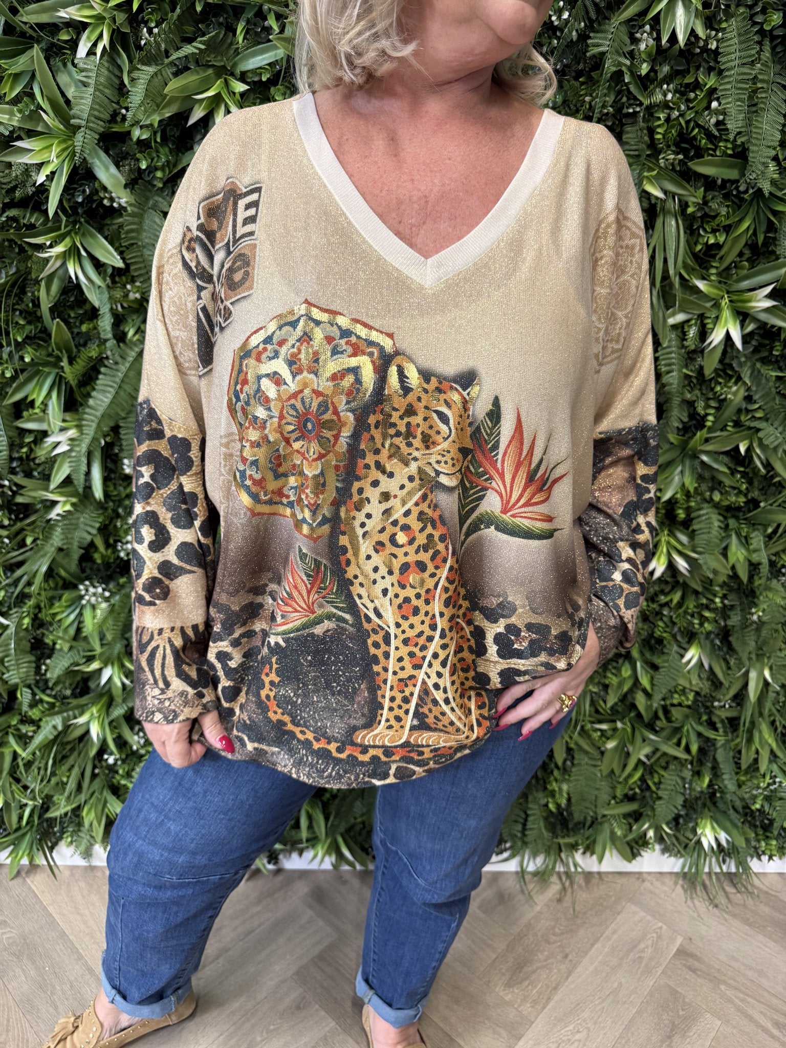 Shirt tropical print lange mouwen oranje/groen