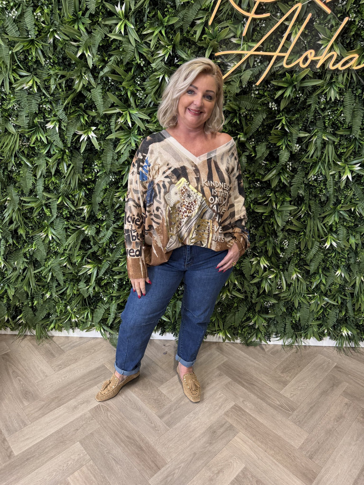 Shirt tropical print lange mouwen zwart/camel