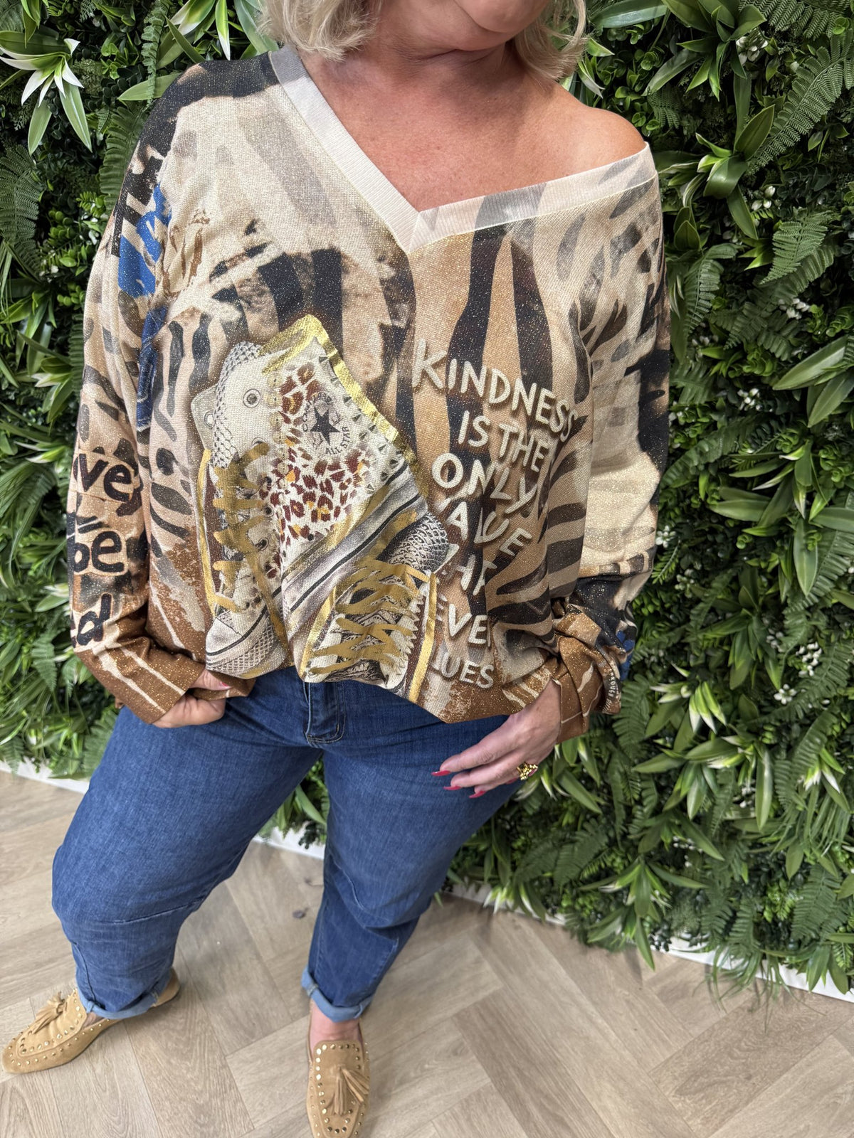 Shirt tropical print lange mouwen zwart/camel