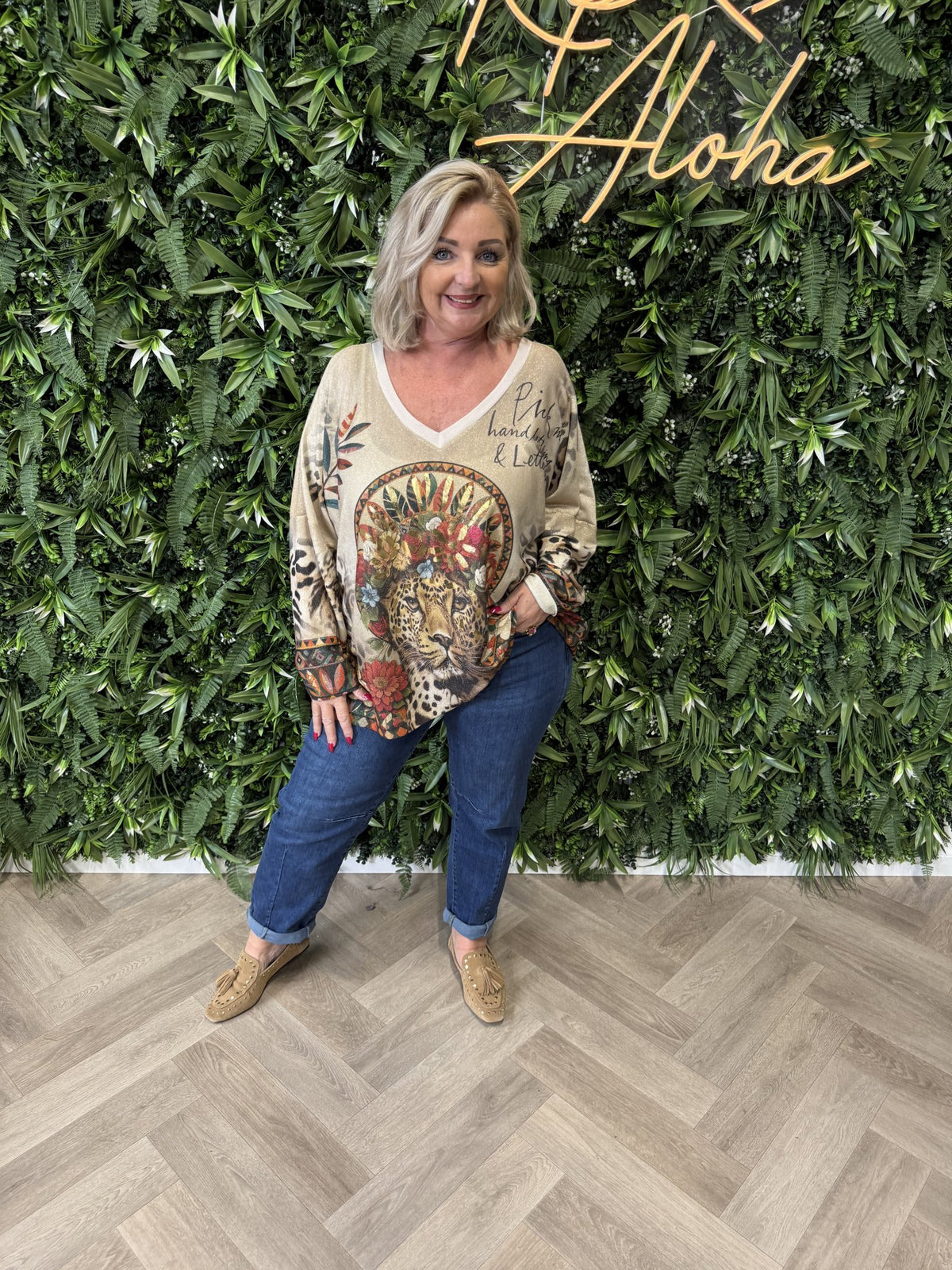 Shirt tropical print lange mouwen beige