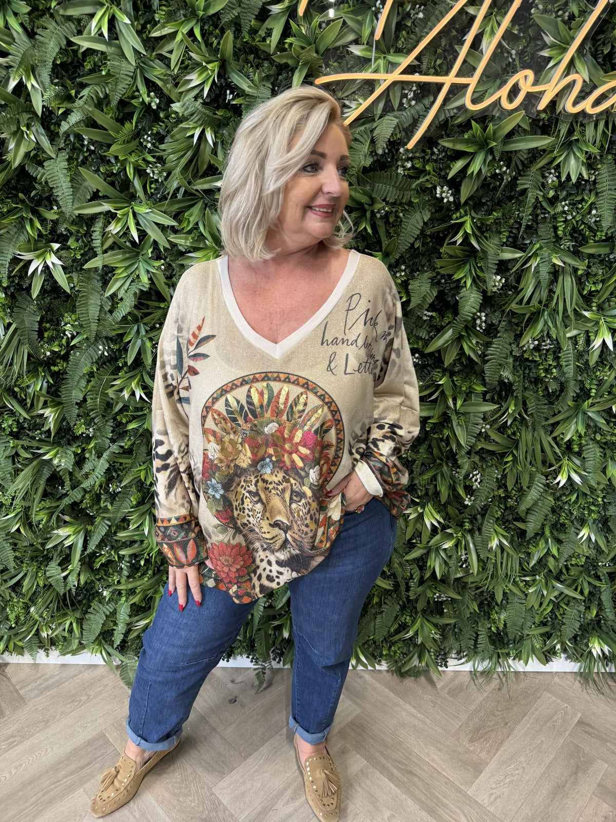 Shirt tropical print lange mouwen beige