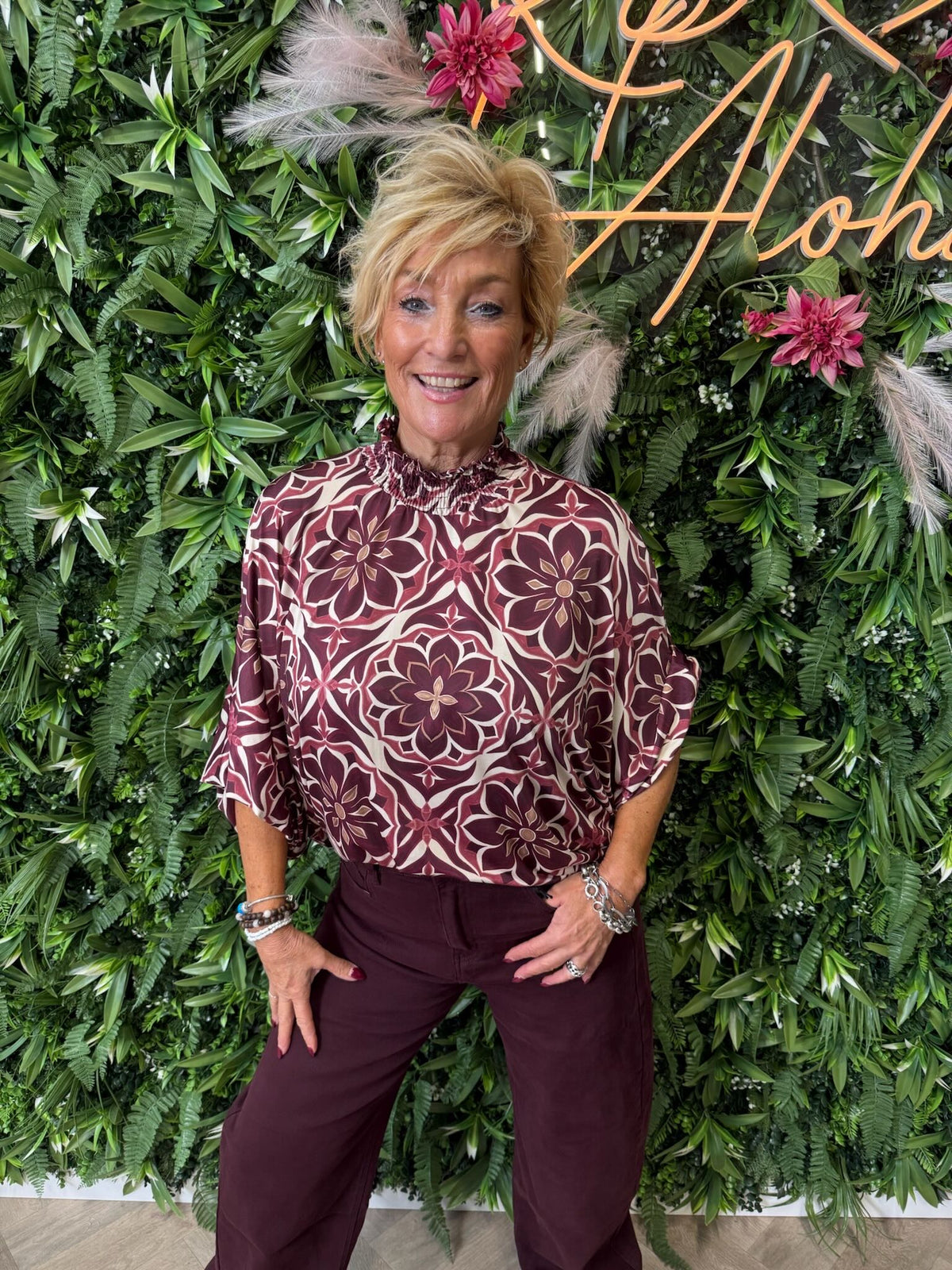 Top smock kraag bloemen aubergine