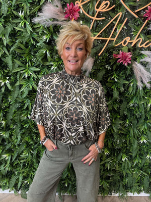 Top smock kraag bloemen legergroen