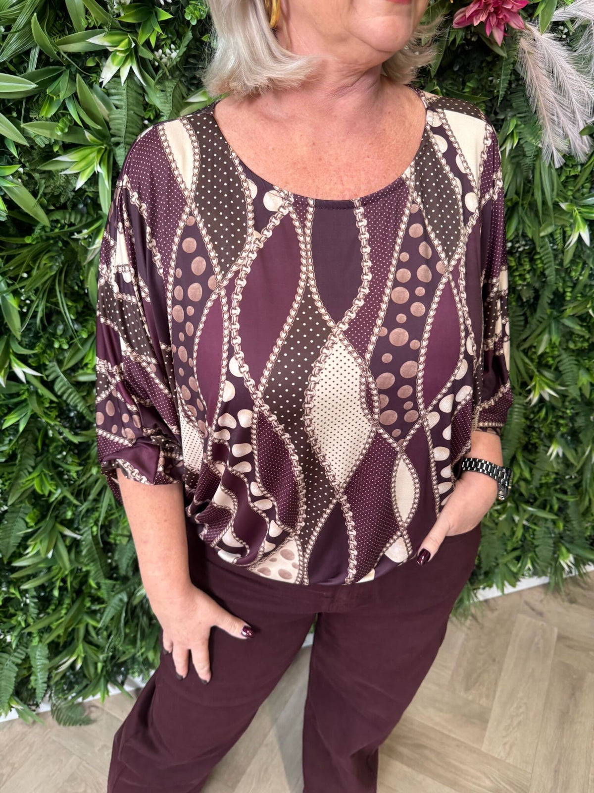 Ballon top print aubergine
