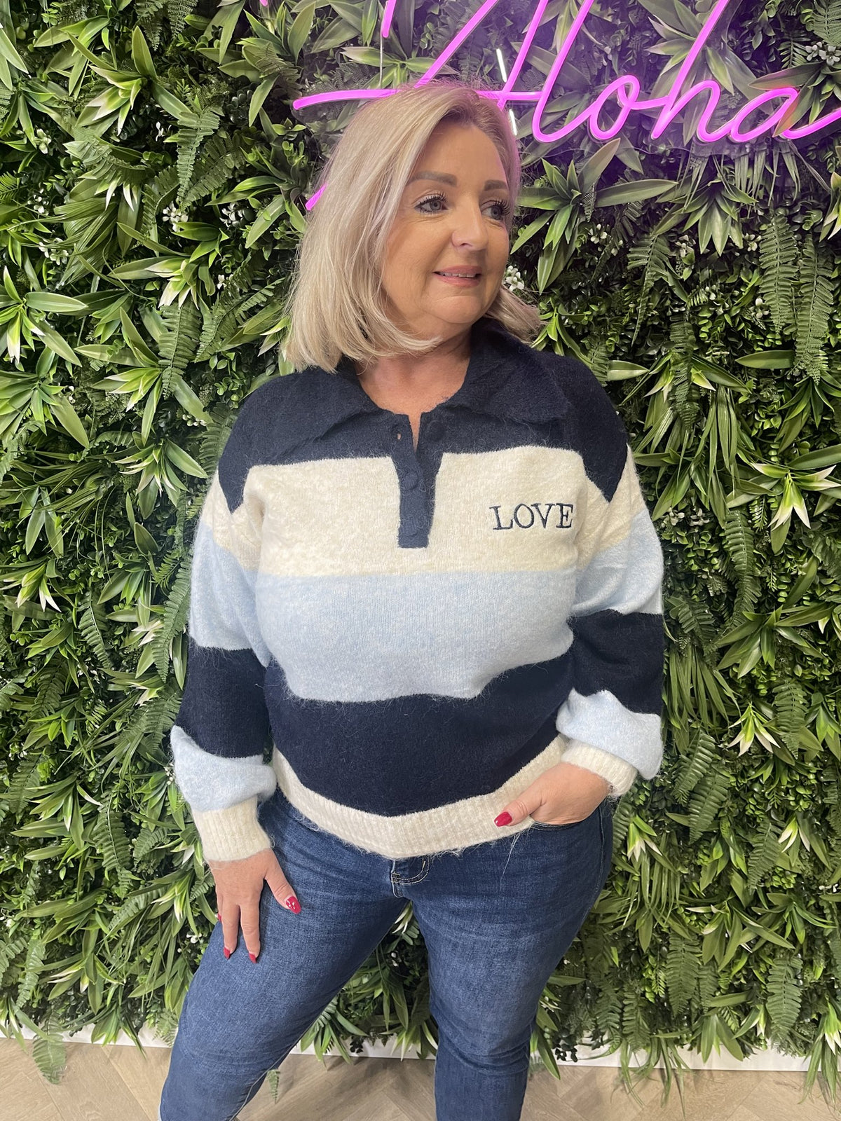 Fijn gebreide trui met kraag Love marineblauw/lichtblauw