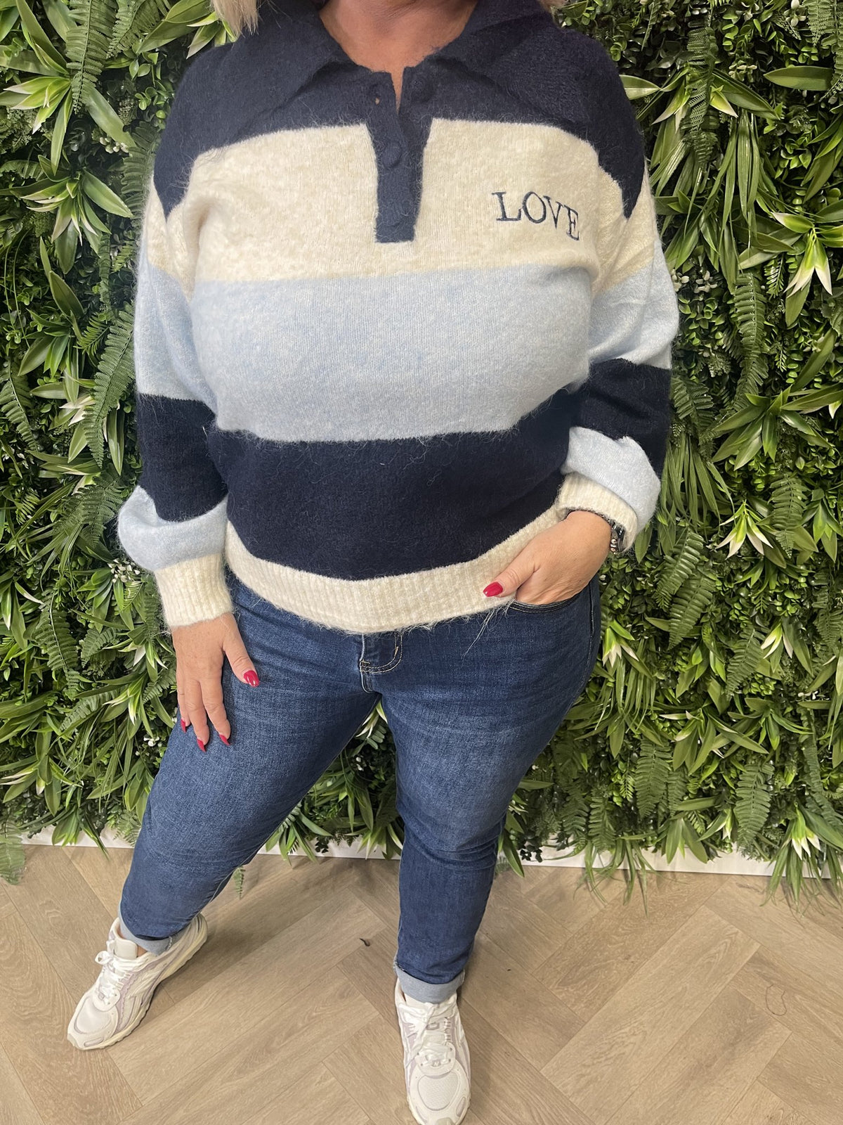 Fijn gebreide trui met kraag Love marineblauw/lichtblauw