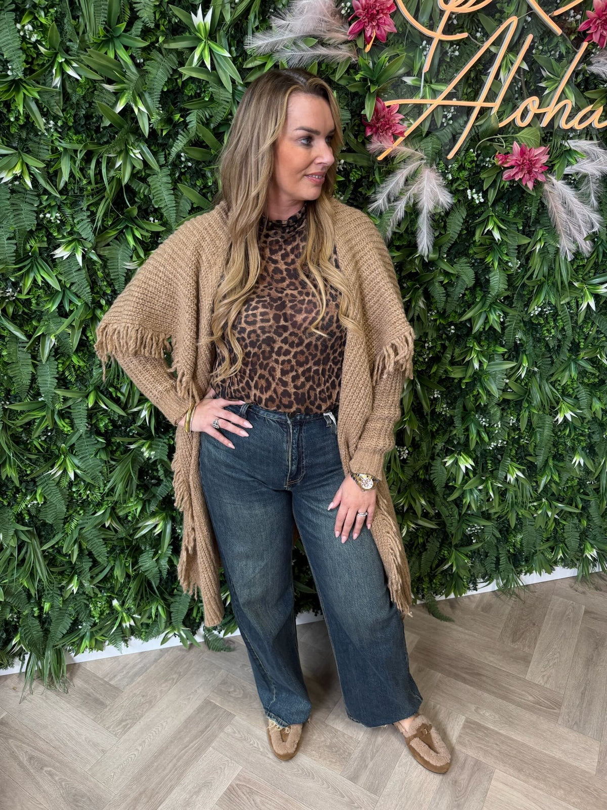 Gebreid vest franjes camel