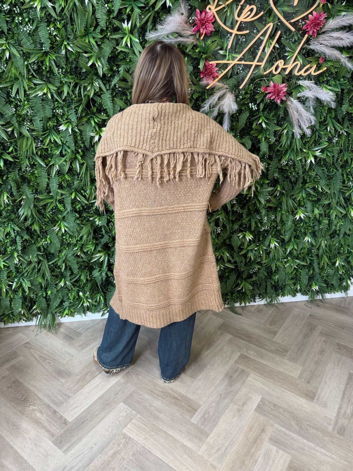 Gebreid vest franjes camel