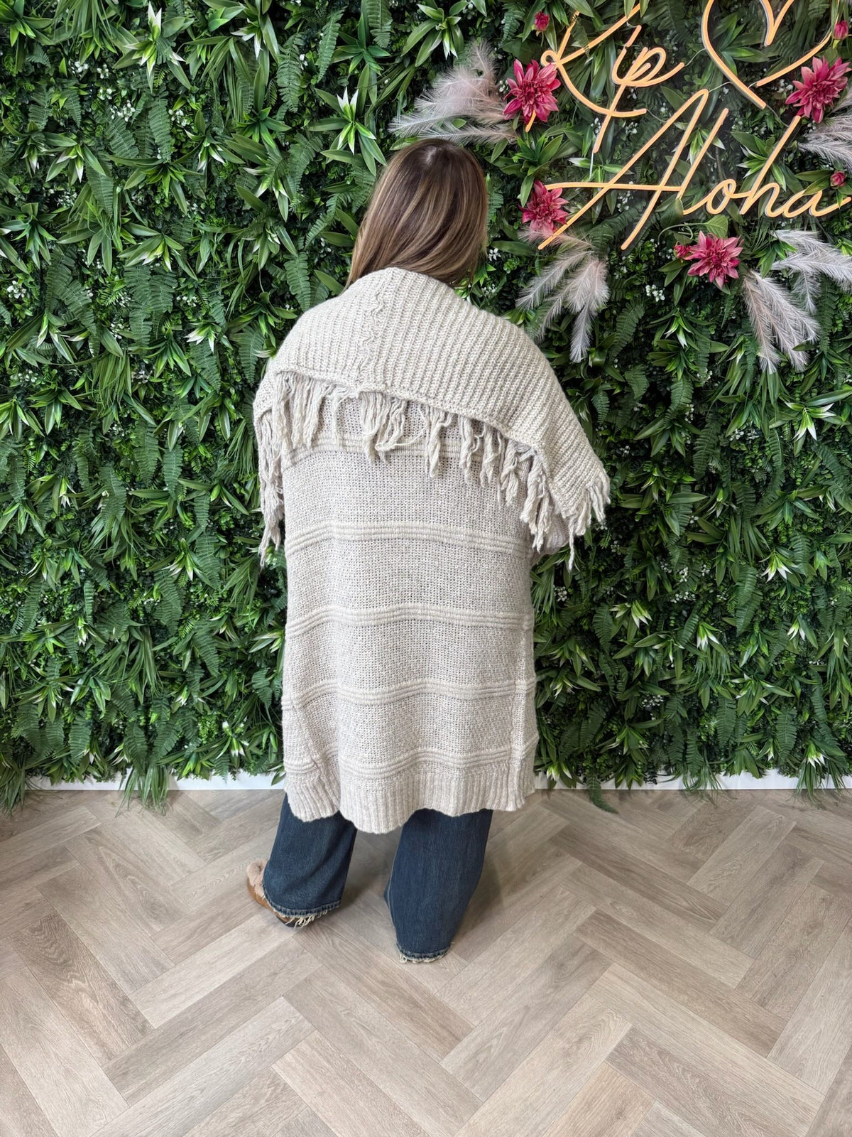 Gebreid vest franjes taupe
