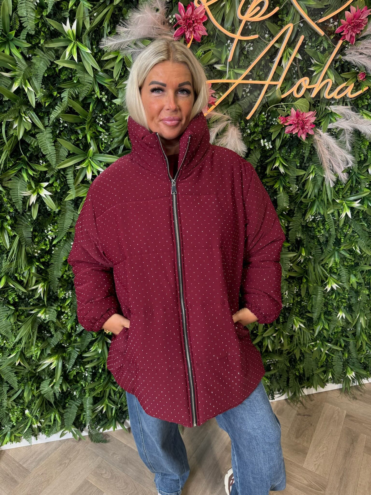 Puffer jas strass bordeaux