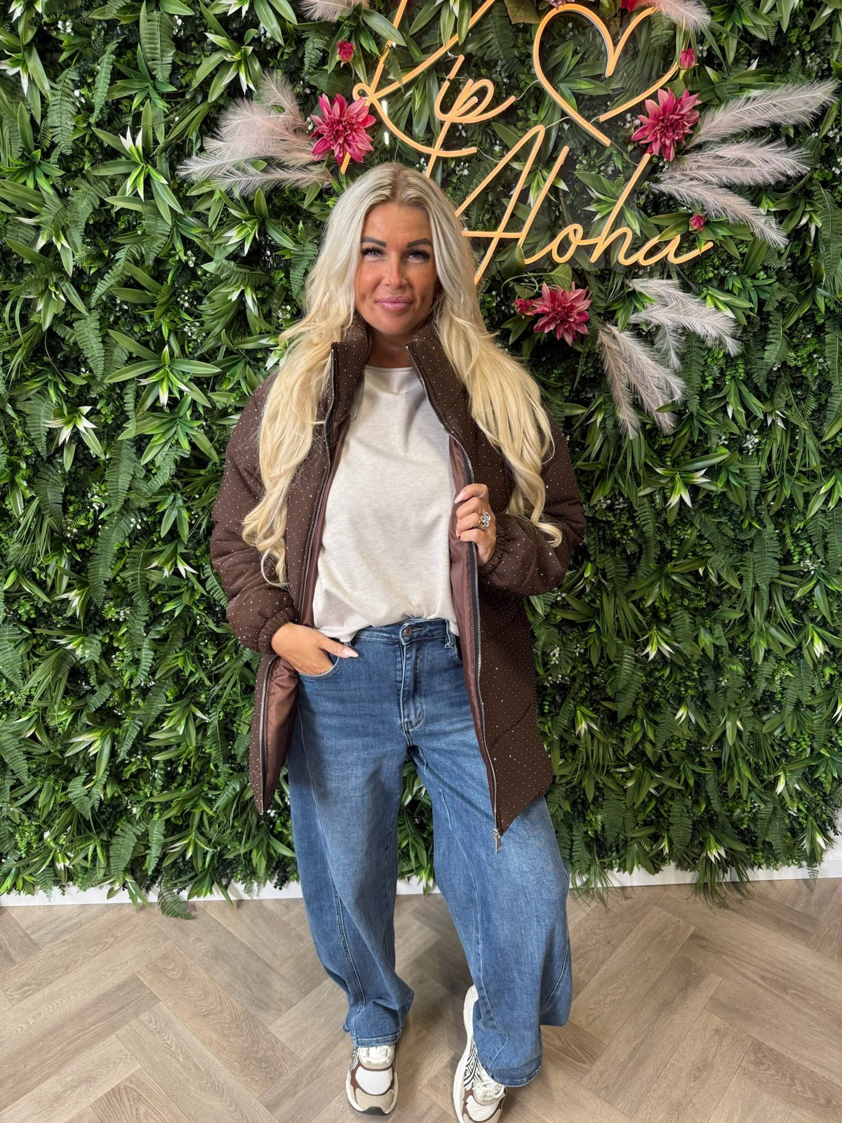 Puffer jas strass donkerbruin