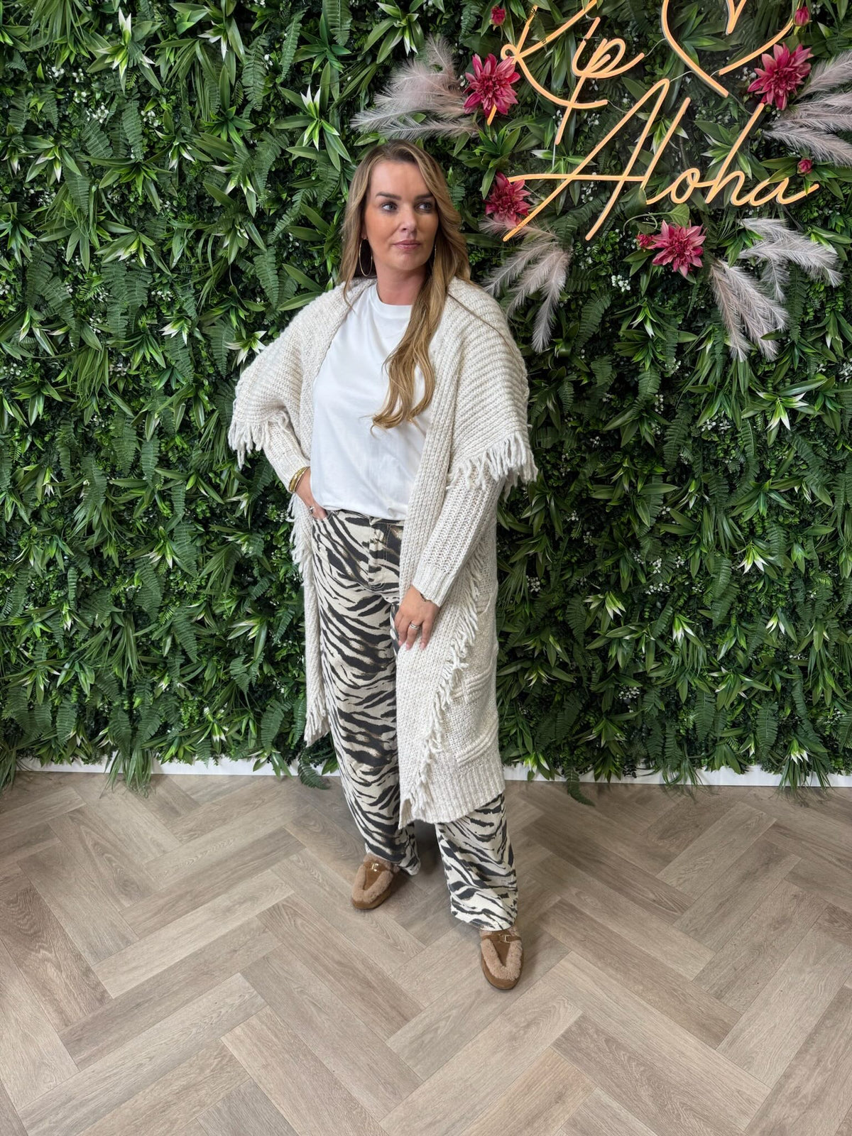 Gebreid vest franjes beige