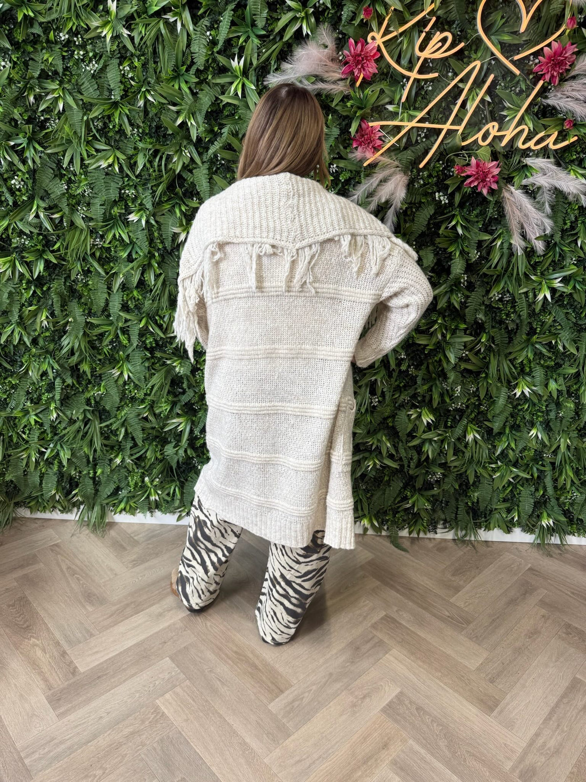 Gebreid vest franjes beige
