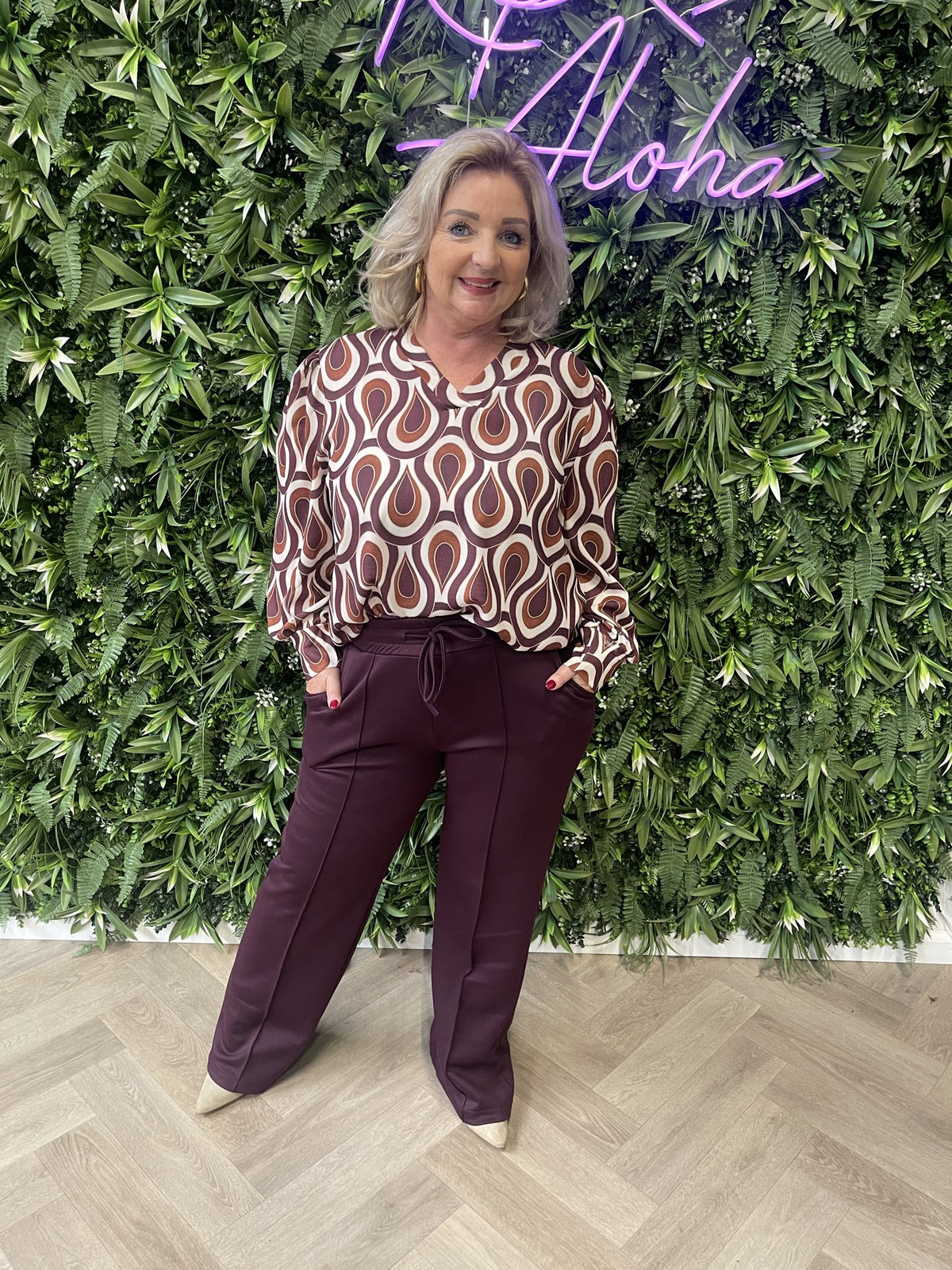 Top v-hals print druppel bordeaux