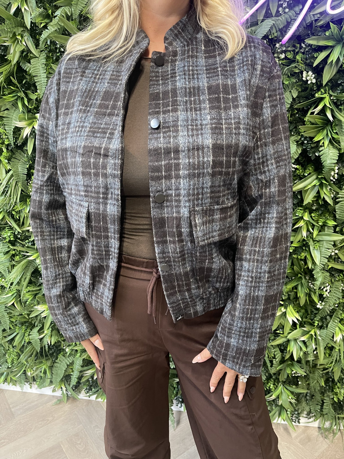 Bomber jasje ruit bruin/jeansblauw