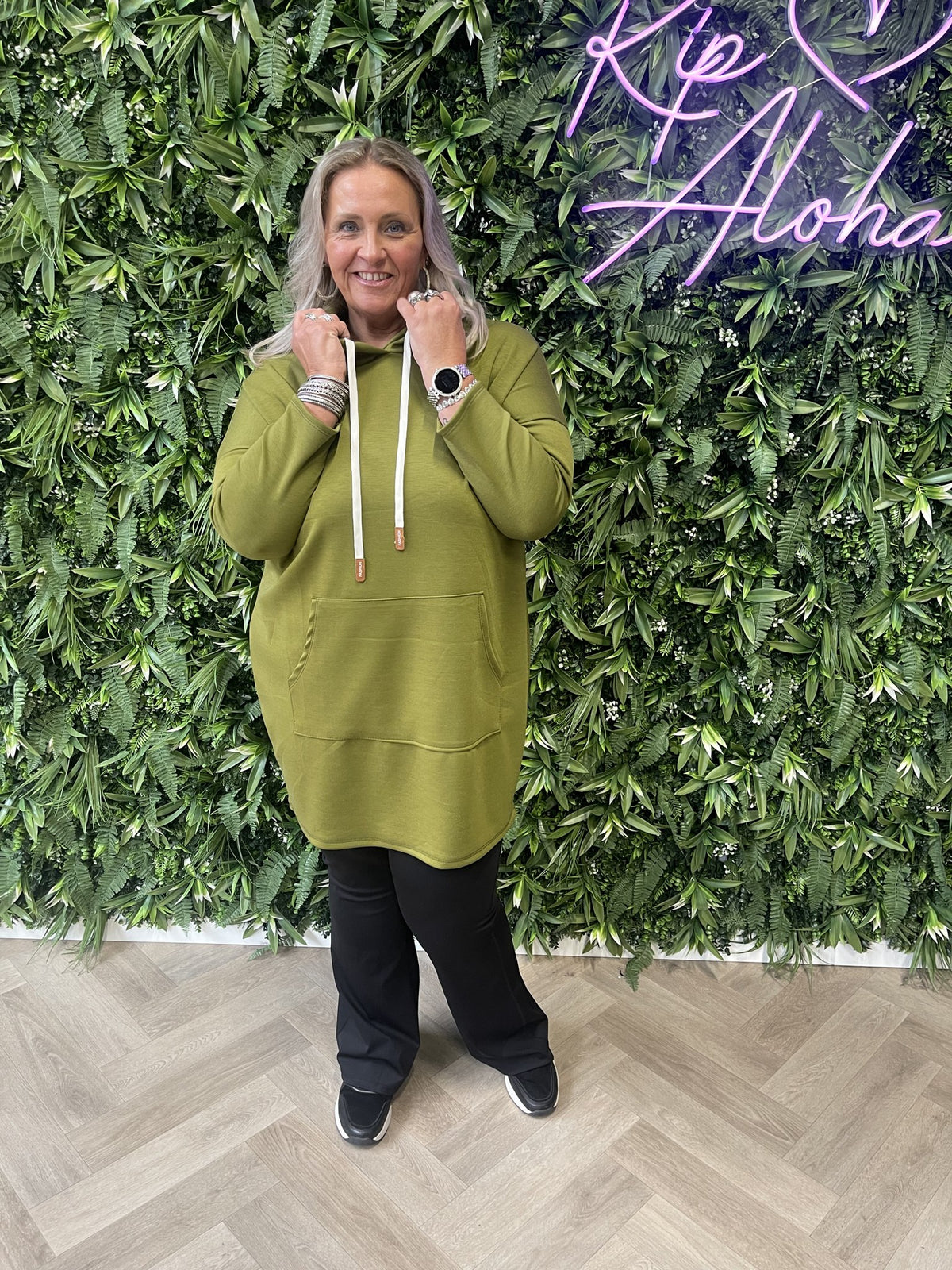 Sweaterdress met capuchon uni pistache