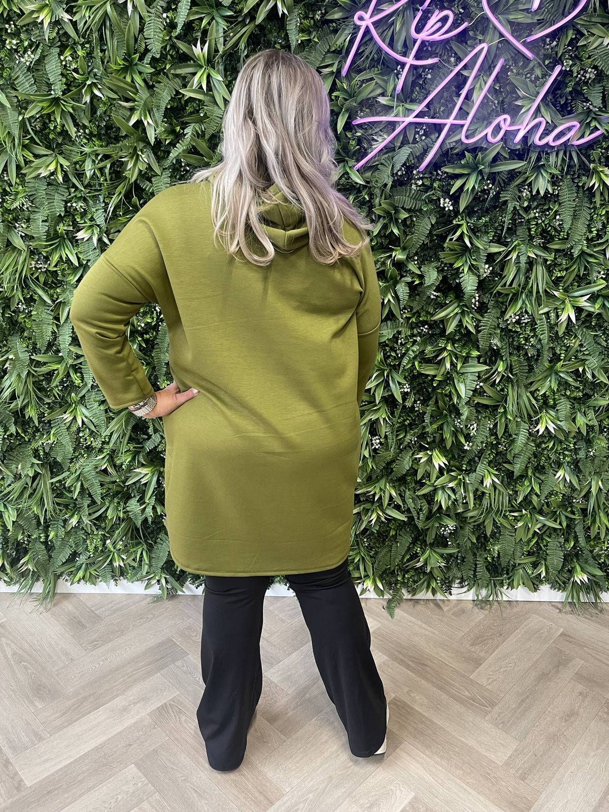 Sweaterdress met capuchon uni pistache
