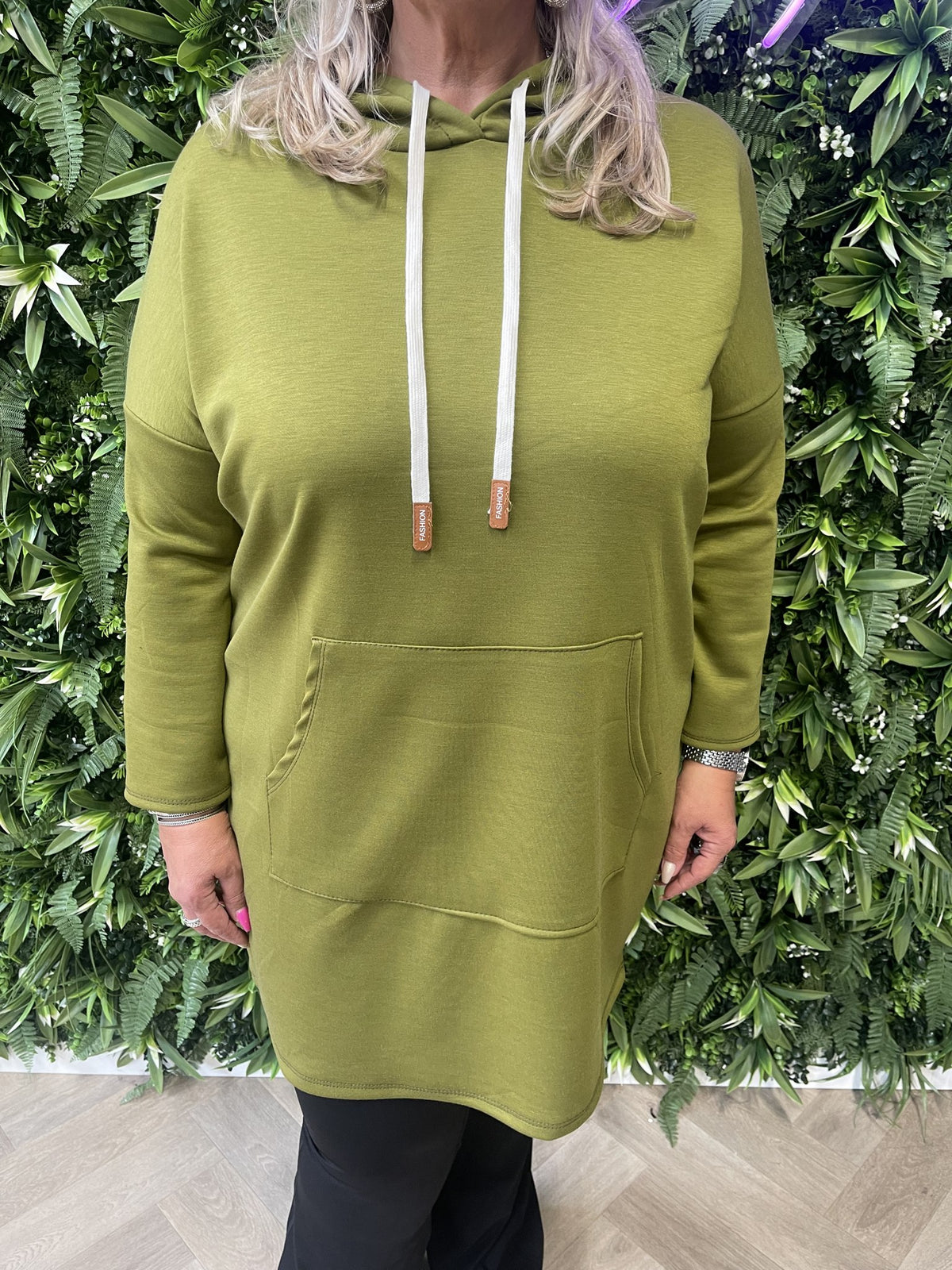 Sweaterdress met capuchon uni pistache