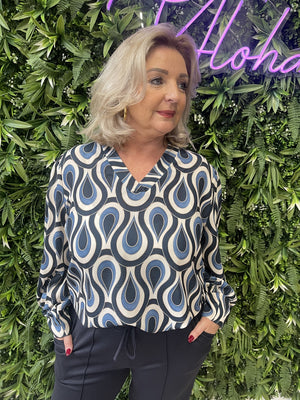 Top v-hals print druppel marineblauw